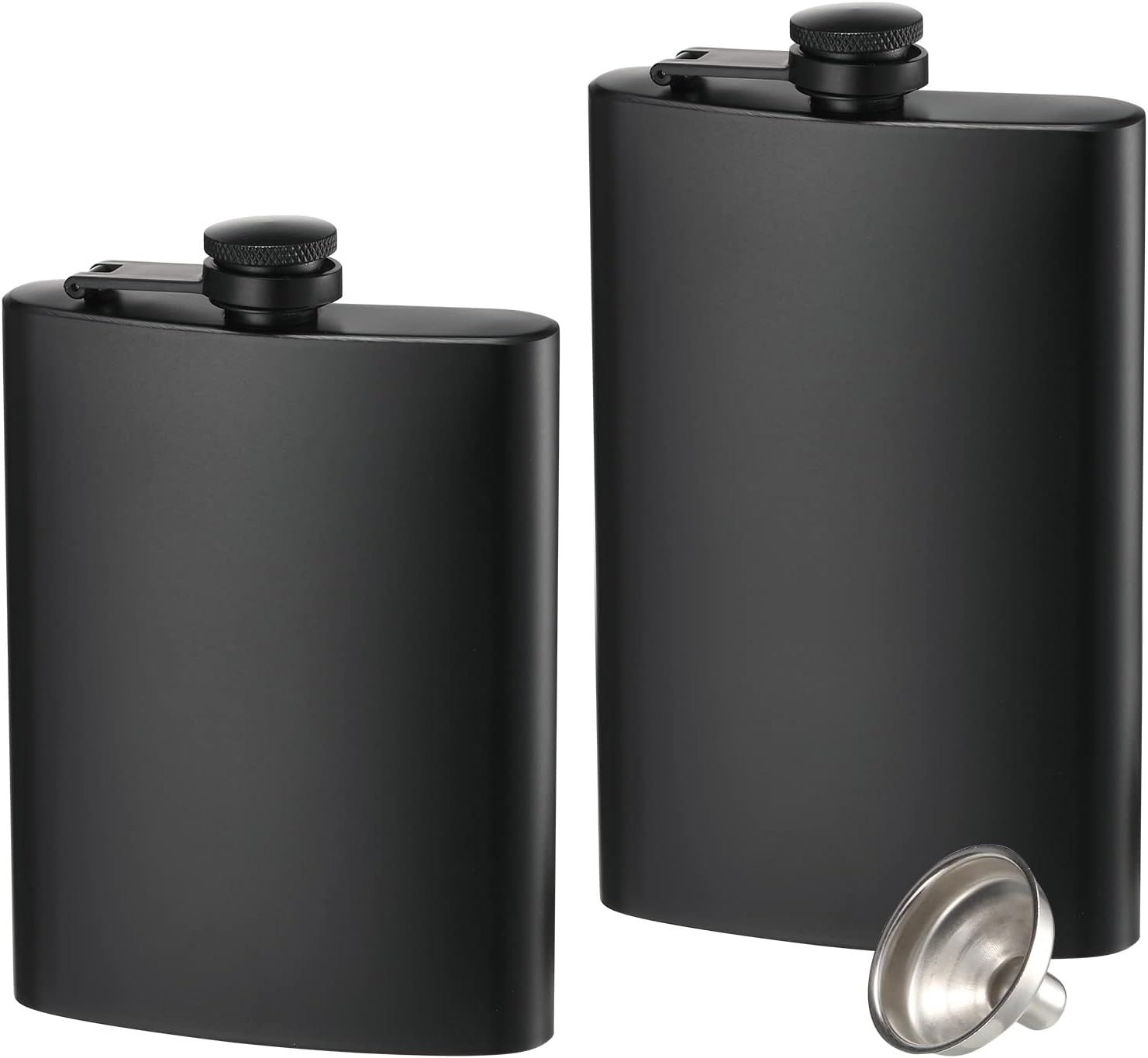 2 Pack Hip Flasks for Liquor, 8 Oz & 12 Oz Stainless Steel Leakproof Thin Flasks with Funnel for Men & Women (Matte Black) - Image 1