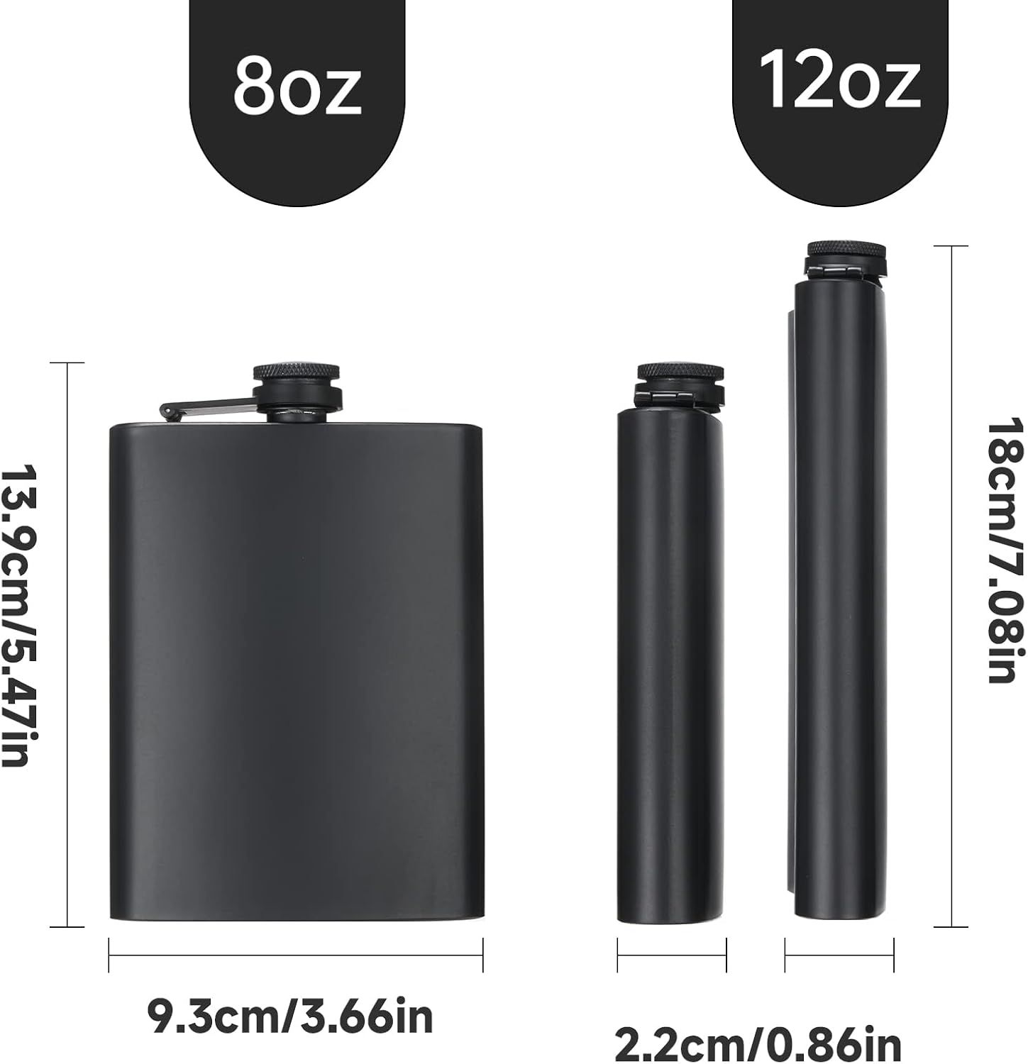 2 Pack Hip Flasks for Liquor, 8 Oz & 12 Oz Stainless Steel Leakproof Thin Flasks with Funnel for Men & Women (Matte Black) - Image 2
