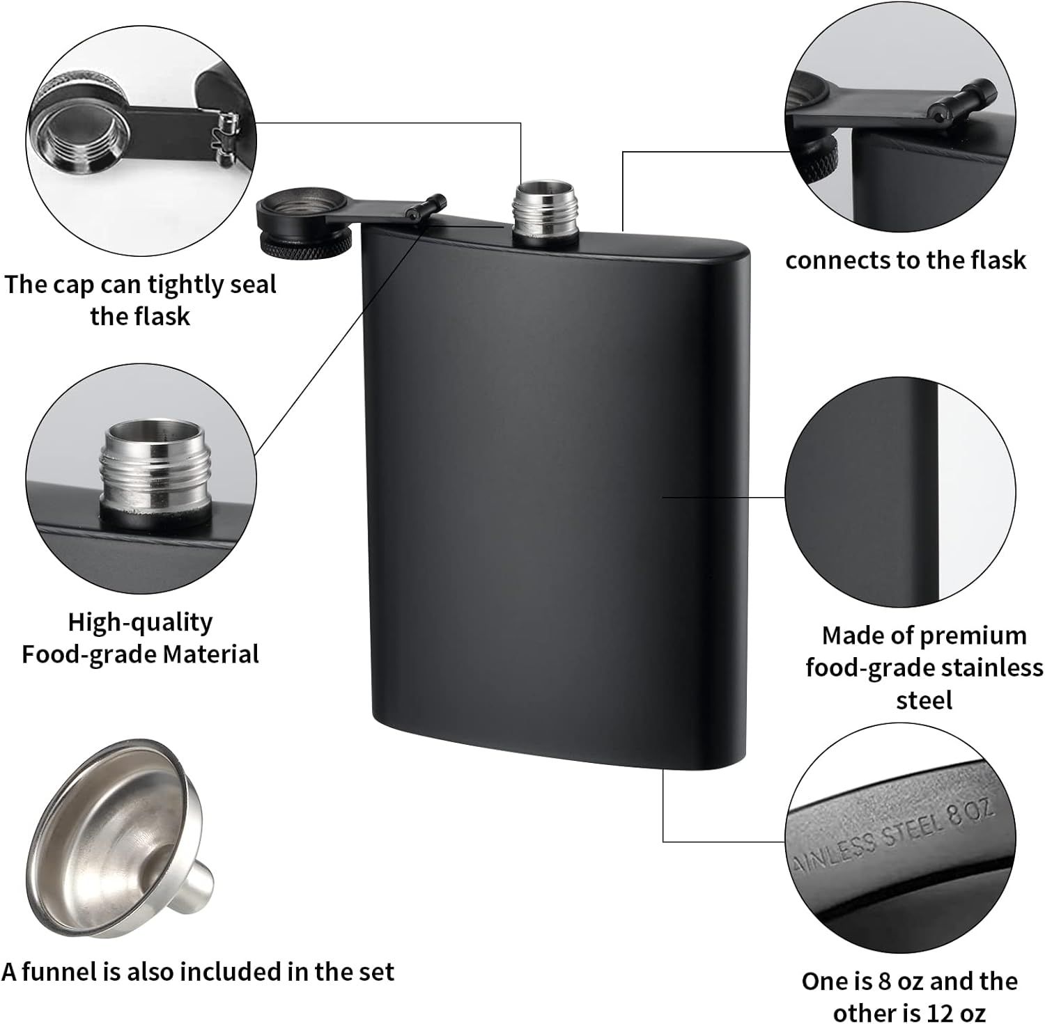 2 Pack Hip Flasks for Liquor, 8 Oz & 12 Oz Stainless Steel Leakproof Thin Flasks with Funnel for Men & Women (Matte Black) - Image 4
