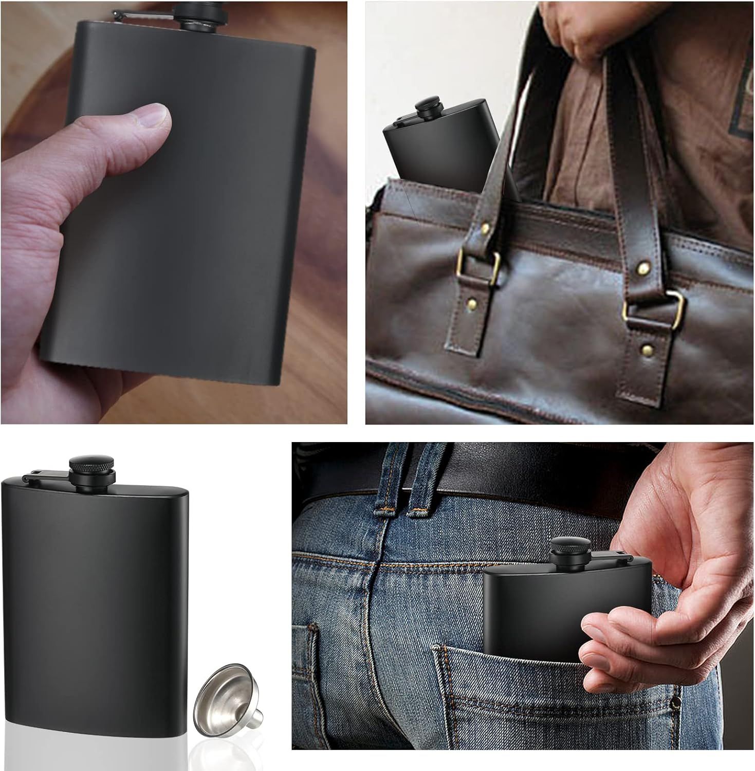 2 Pack Hip Flasks for Liquor, 8 Oz & 12 Oz Stainless Steel Leakproof Thin Flasks with Funnel for Men & Women (Matte Black) - Image 6