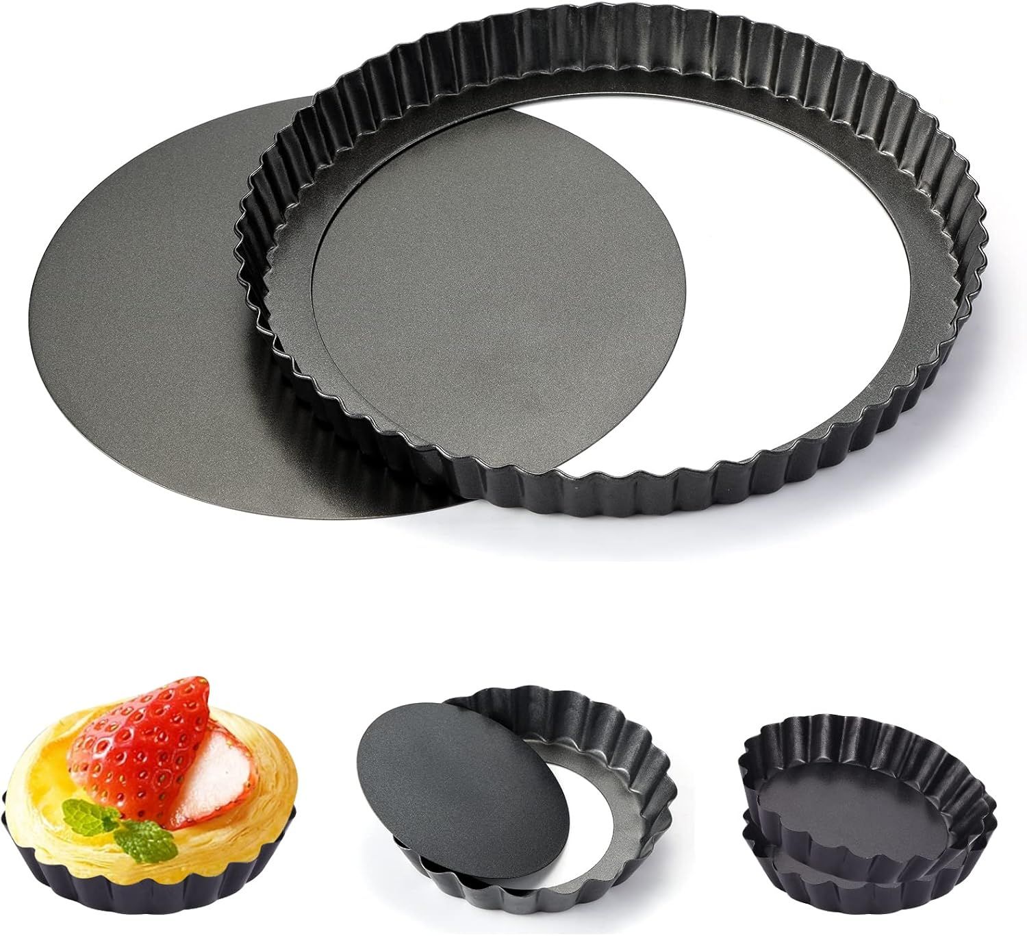 9 in Non-Stick Tart and Quiche Pan with Removable Bottom and 4 Mini Tart Pans 4-inch, Heavy Duty Fluted Side for Pies, Mousse Cakes, Dessert Baking (5 Pack) - Image 1