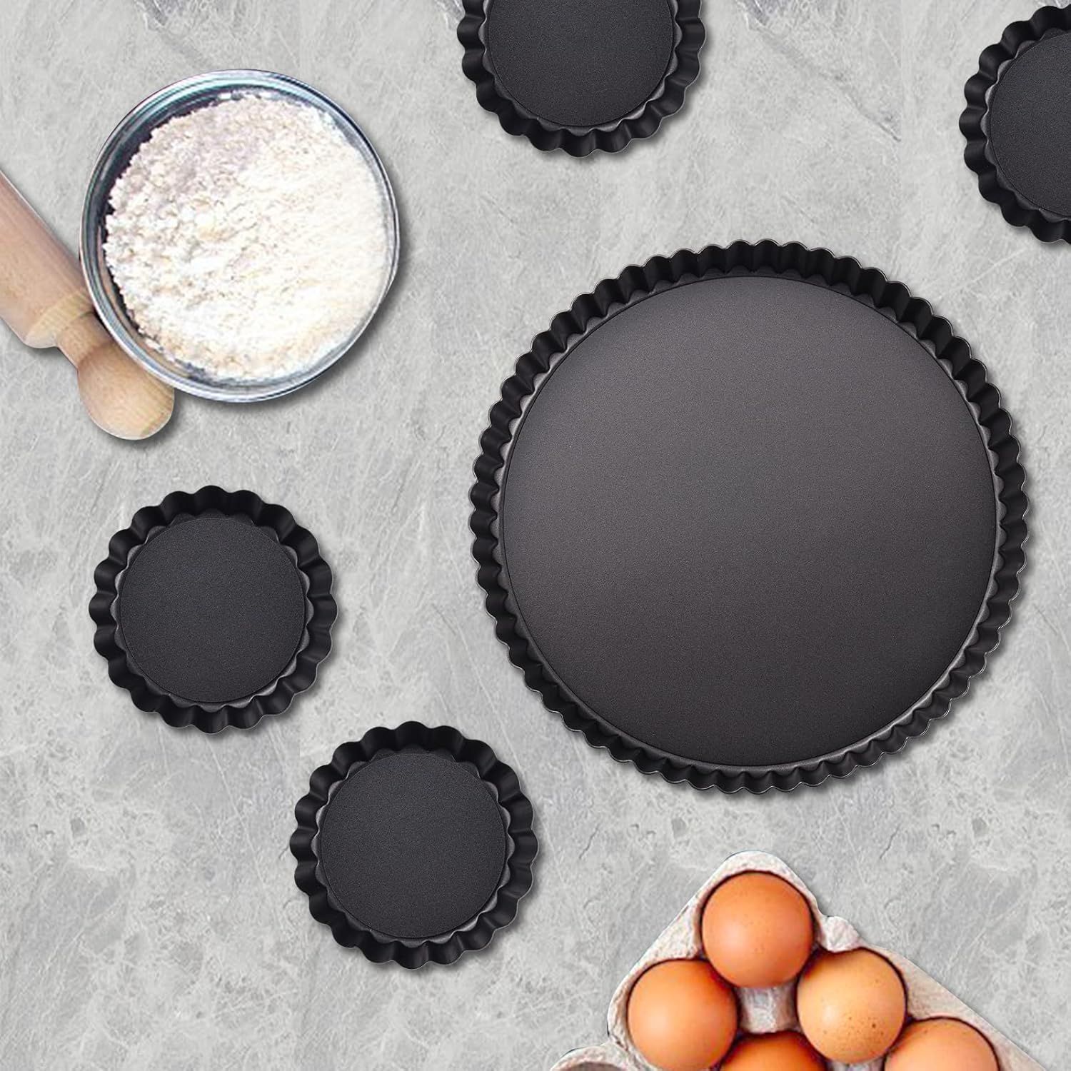 9 in Non-Stick Tart and Quiche Pan with Removable Bottom and 4 Mini Tart Pans 4-inch, Heavy Duty Fluted Side for Pies, Mousse Cakes, Dessert Baking (5 Pack) - Image 2