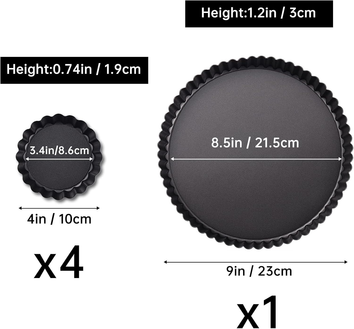 9 in Non-Stick Tart and Quiche Pan with Removable Bottom and 4 Mini Tart Pans 4-inch, Heavy Duty Fluted Side for Pies, Mousse Cakes, Dessert Baking (5 Pack) - Image 3
