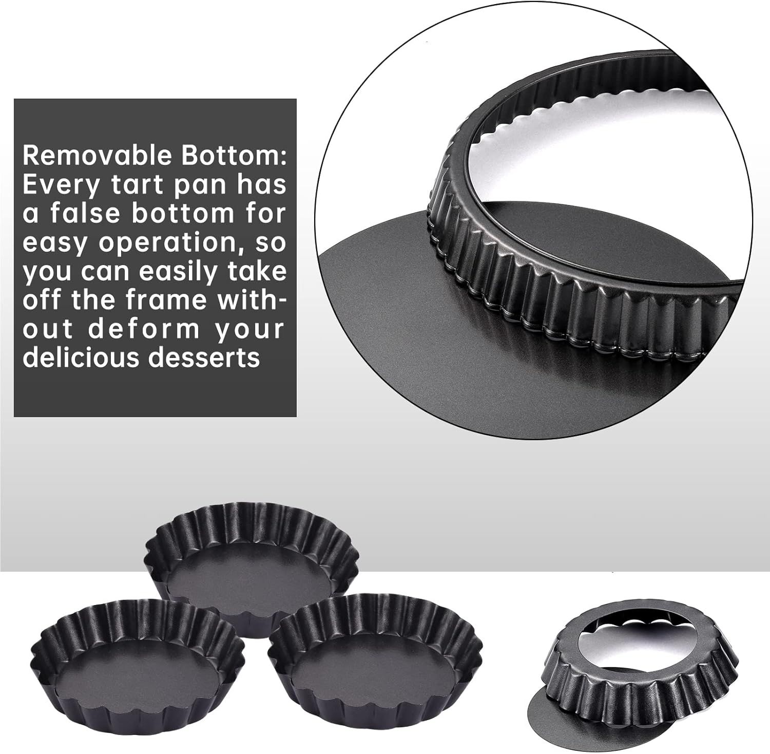 9 in Non-Stick Tart and Quiche Pan with Removable Bottom and 4 Mini Tart Pans 4-inch, Heavy Duty Fluted Side for Pies, Mousse Cakes, Dessert Baking (5 Pack) - Image 5