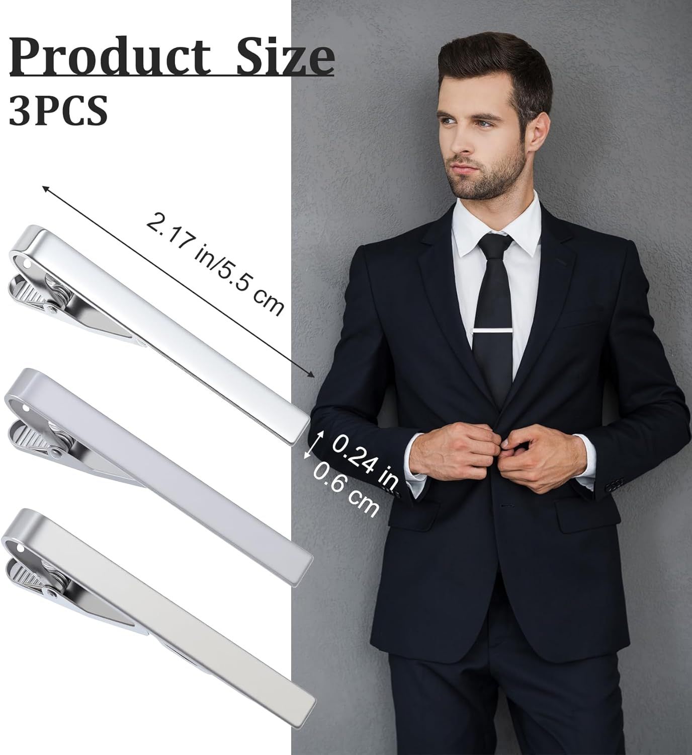 3 Pack Silver Tie Clips for Men, Classic Tie Clips for Men Silver with Adjustable Clasp Ideal for Professional Office Wear and Formal Events - Image 2