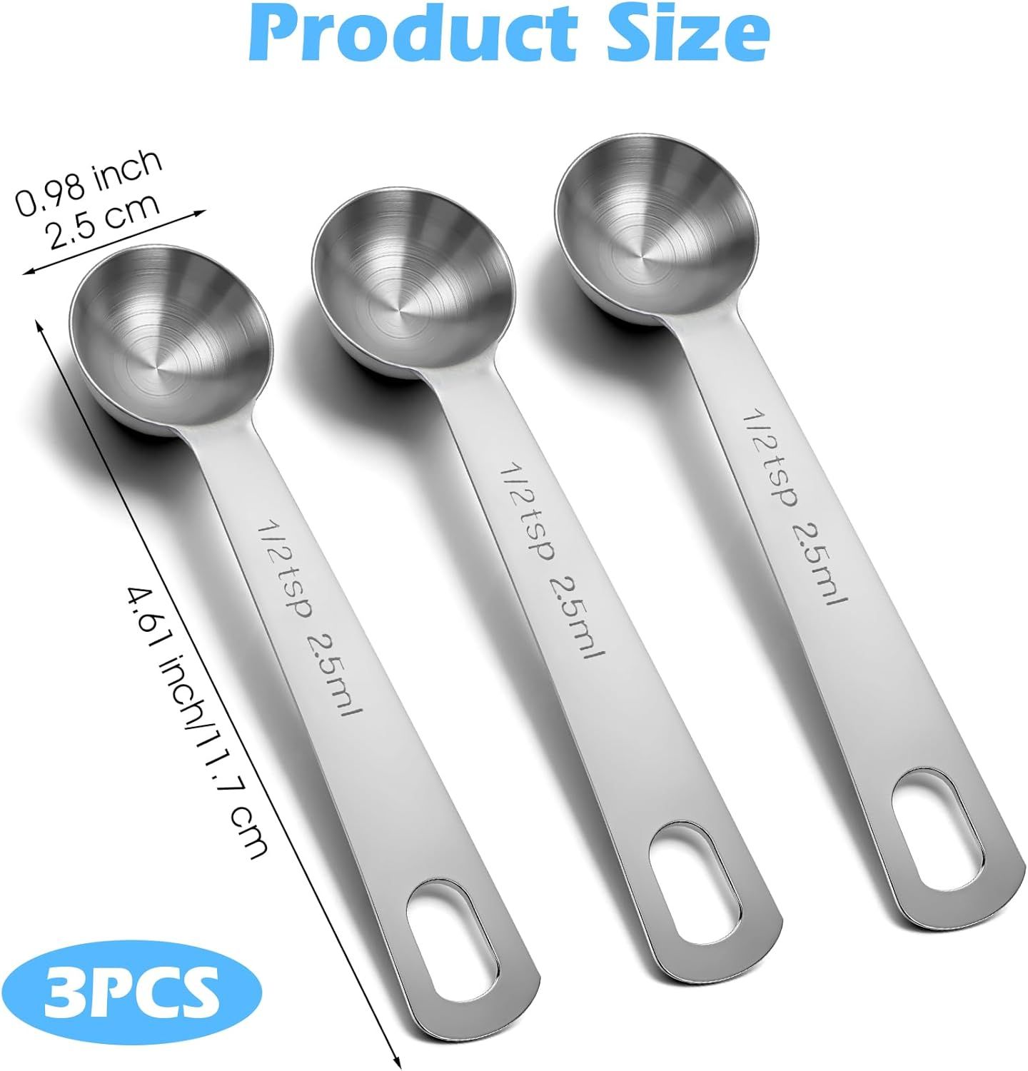 1/2 Teaspoon Measuring Spoons, 3Pcs Stainless Steel Short Design Kitchen Tools for Precise Cooking Baking Spices Measurement, 2.5ml - Image 3
