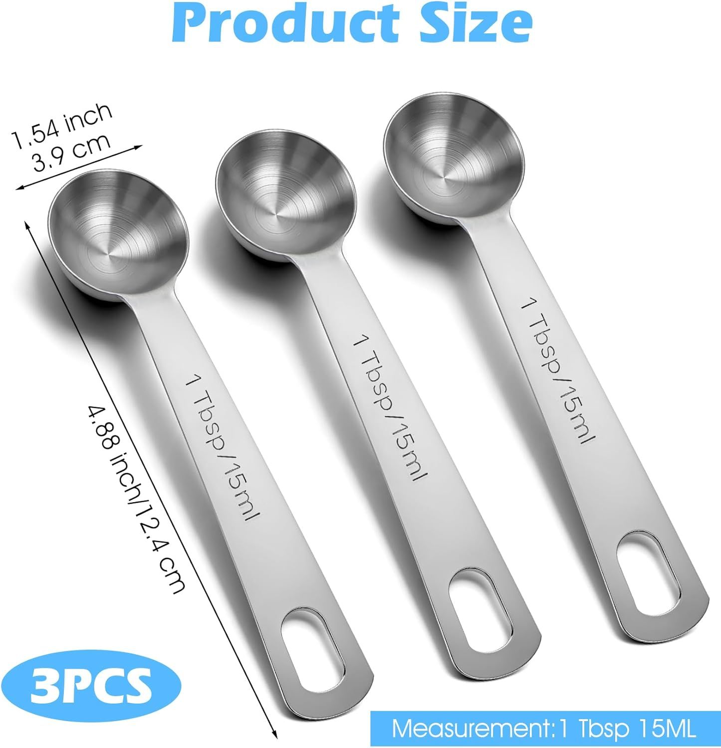 1 Tablespoon Measuring Spoon, 3PCS Stainless Steel Single Measuring Spoon, 3 Tsp/1 Tbsp Marked, Durable Rust Resistant Metal for Cooking Baking Coffee Sugar (Silver, 15 Ml) - Image 3