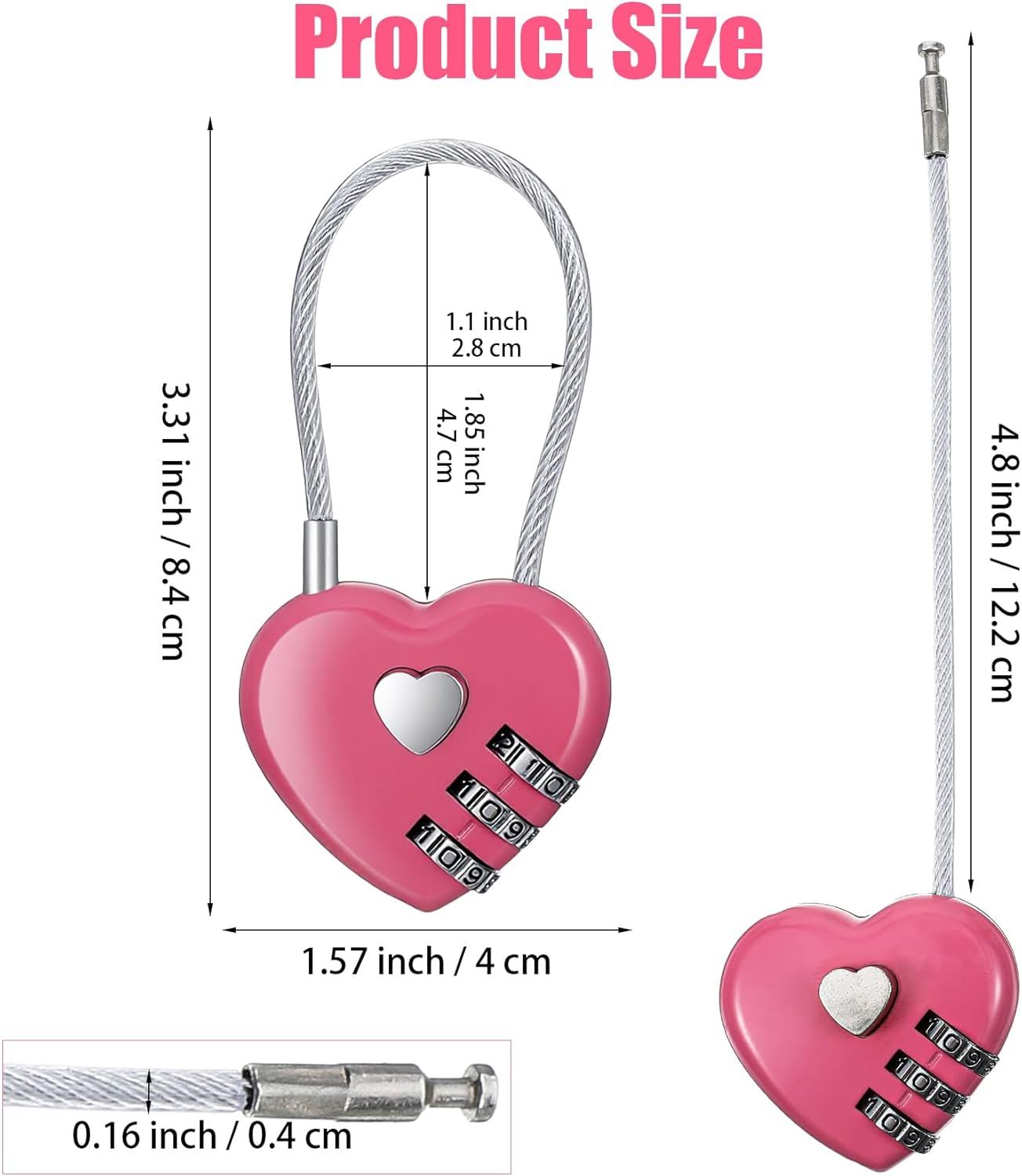 Pink Locker Lock, 3Pcs Heart Shaped Lock, Heart Locks for Suitcase & Locker (3 Colors) - Image 3