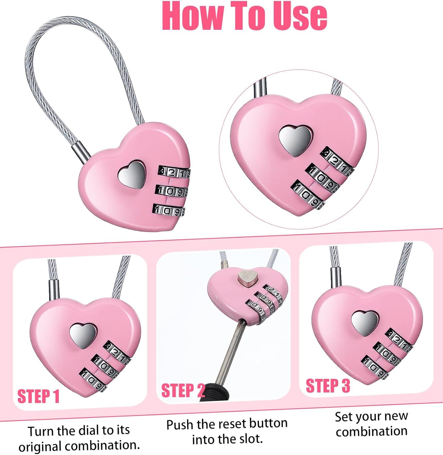 Pink Locker Lock, 3Pcs Heart Shaped Lock, Heart Locks for Suitcase & Locker (3 Colors) - Image 7