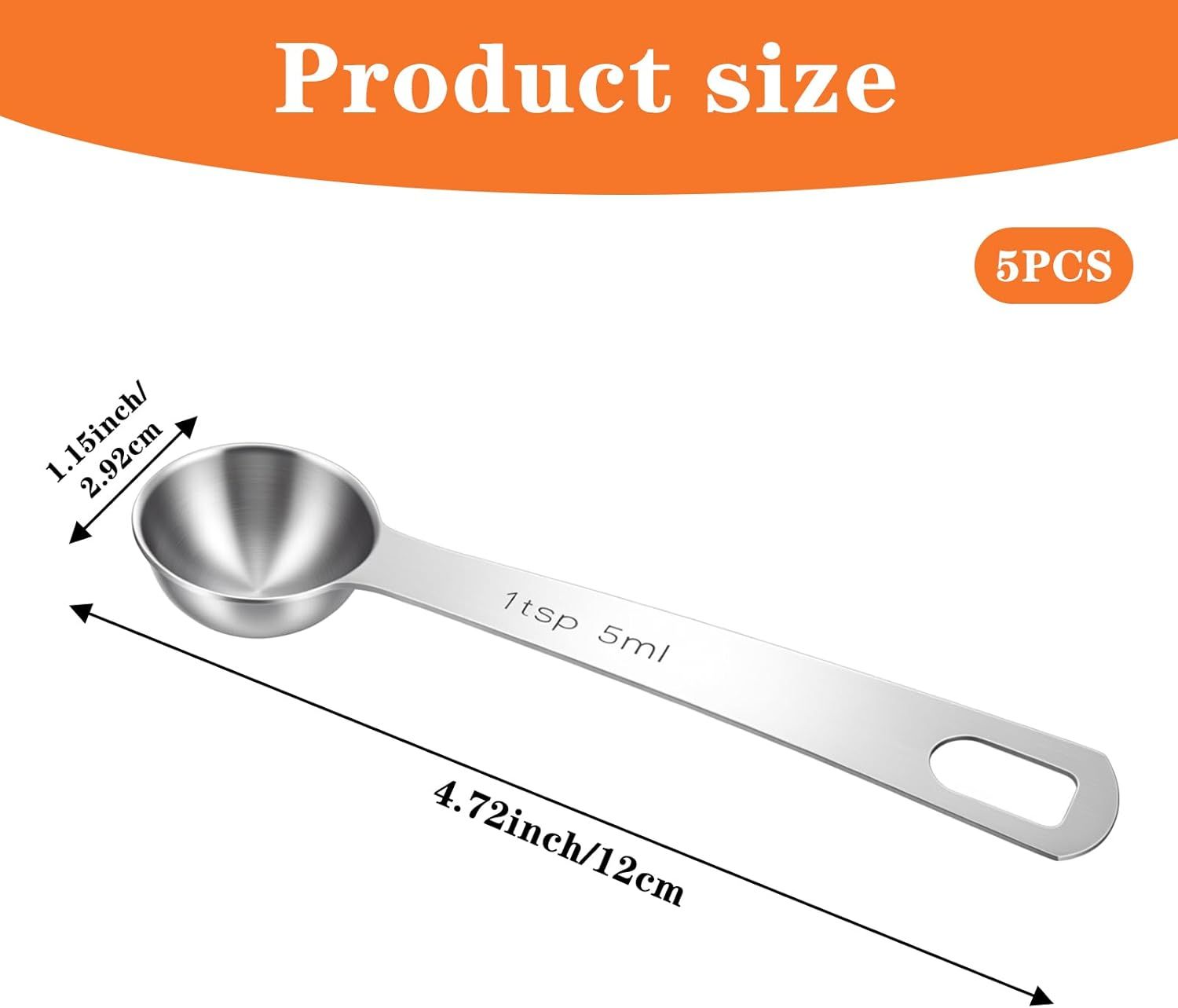 5PCS Teaspoon Measuring Spoon, 4.72 inch Stainless Steel 1 Tsp Measuring Spoon Set for Kitchen Ingredients (Silver, 5ml) - Image 3