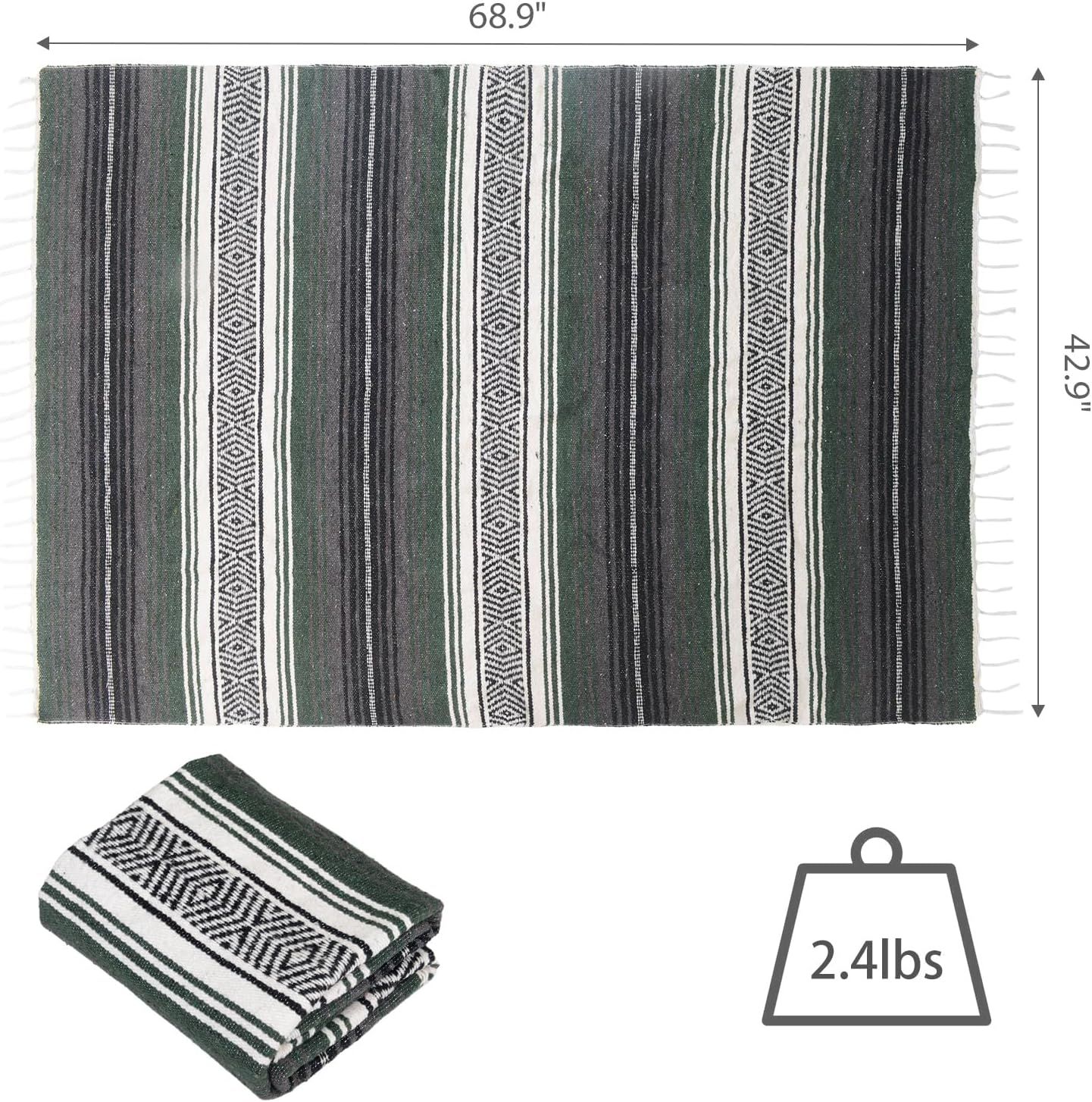 Handwoven Mexican Blanket - Lightweight Yoga, Beach, Camping & Picnic Blanket - Durable Blanket for Outdoor, Equestrian & Home Decor (Forest Green) - Image 3