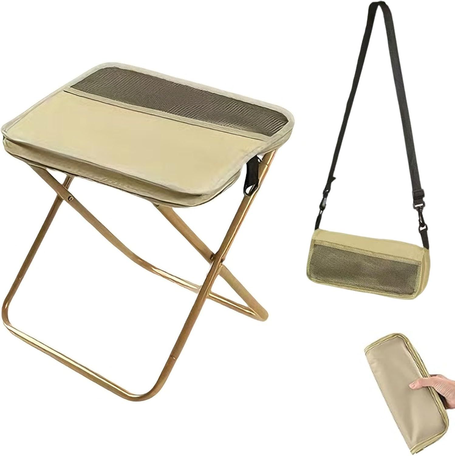 Collapsible Stool Folding Stool for Adults, Foldable Backpack Stool Portable Chair Heavy Duty Compact Travel Camping Stool with Storage Pocket, Portable Folding Seat for Fishing Hiking (Khaki, S) - Image 1