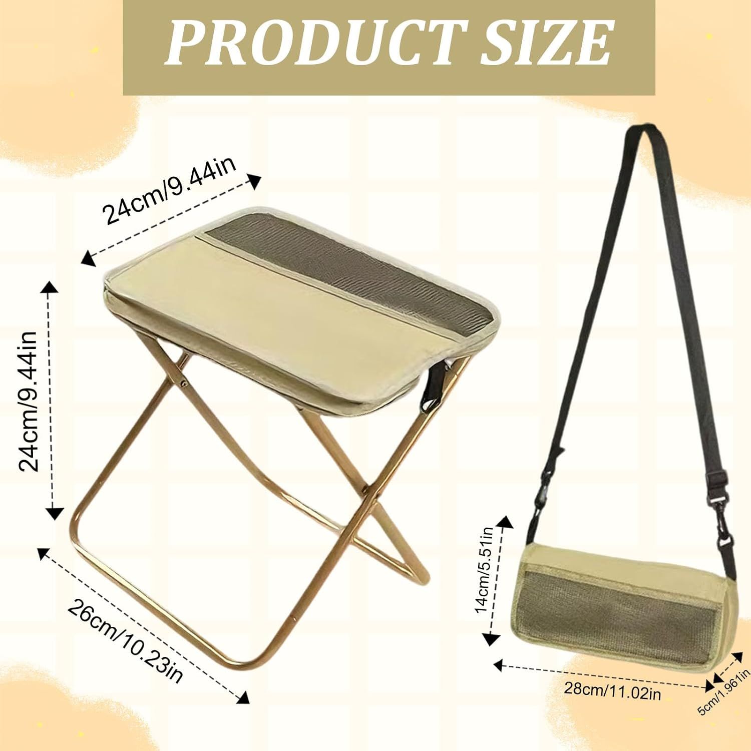 Collapsible Stool Folding Stool for Adults, Foldable Backpack Stool Portable Chair Heavy Duty Compact Travel Camping Stool with Storage Pocket, Portable Folding Seat for Fishing Hiking (Khaki, S) - Image 2