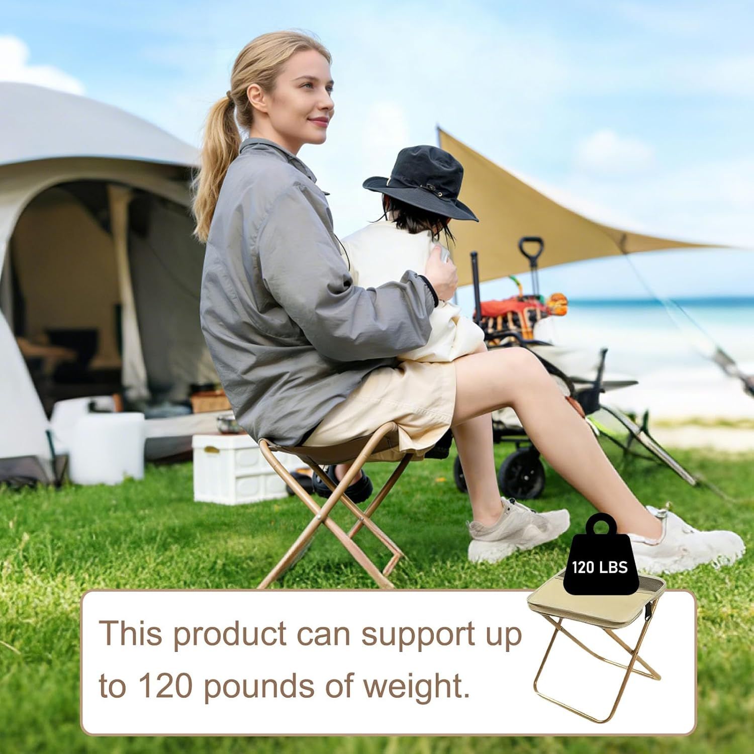 Collapsible Stool Folding Stool for Adults, Foldable Backpack Stool Portable Chair Heavy Duty Compact Travel Camping Stool with Storage Pocket, Portable Folding Seat for Fishing Hiking (Khaki, S) - Image 3