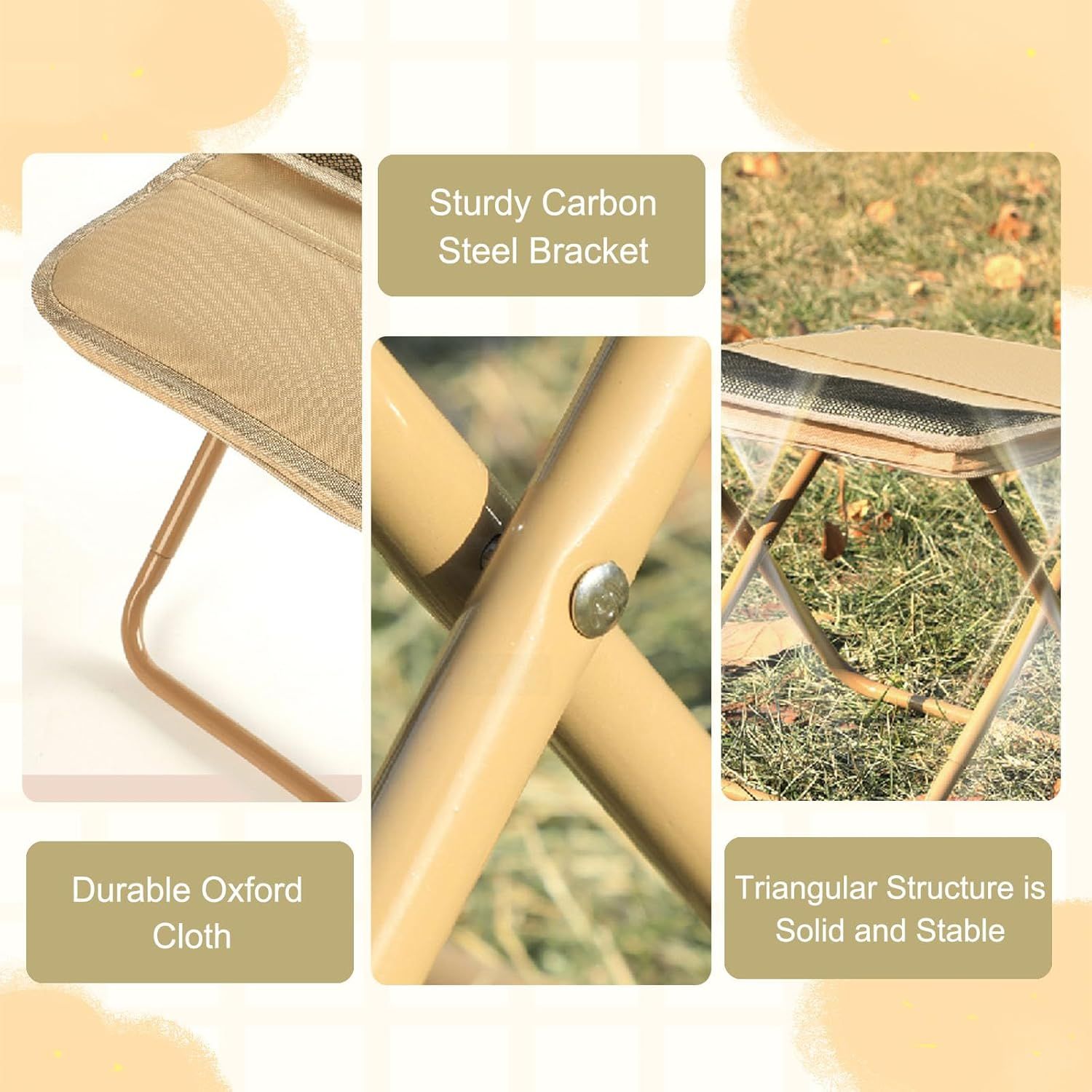 Collapsible Stool Folding Stool for Adults, Foldable Backpack Stool Portable Chair Heavy Duty Compact Travel Camping Stool with Storage Pocket, Portable Folding Seat for Fishing Hiking (Khaki, S) - Image 5