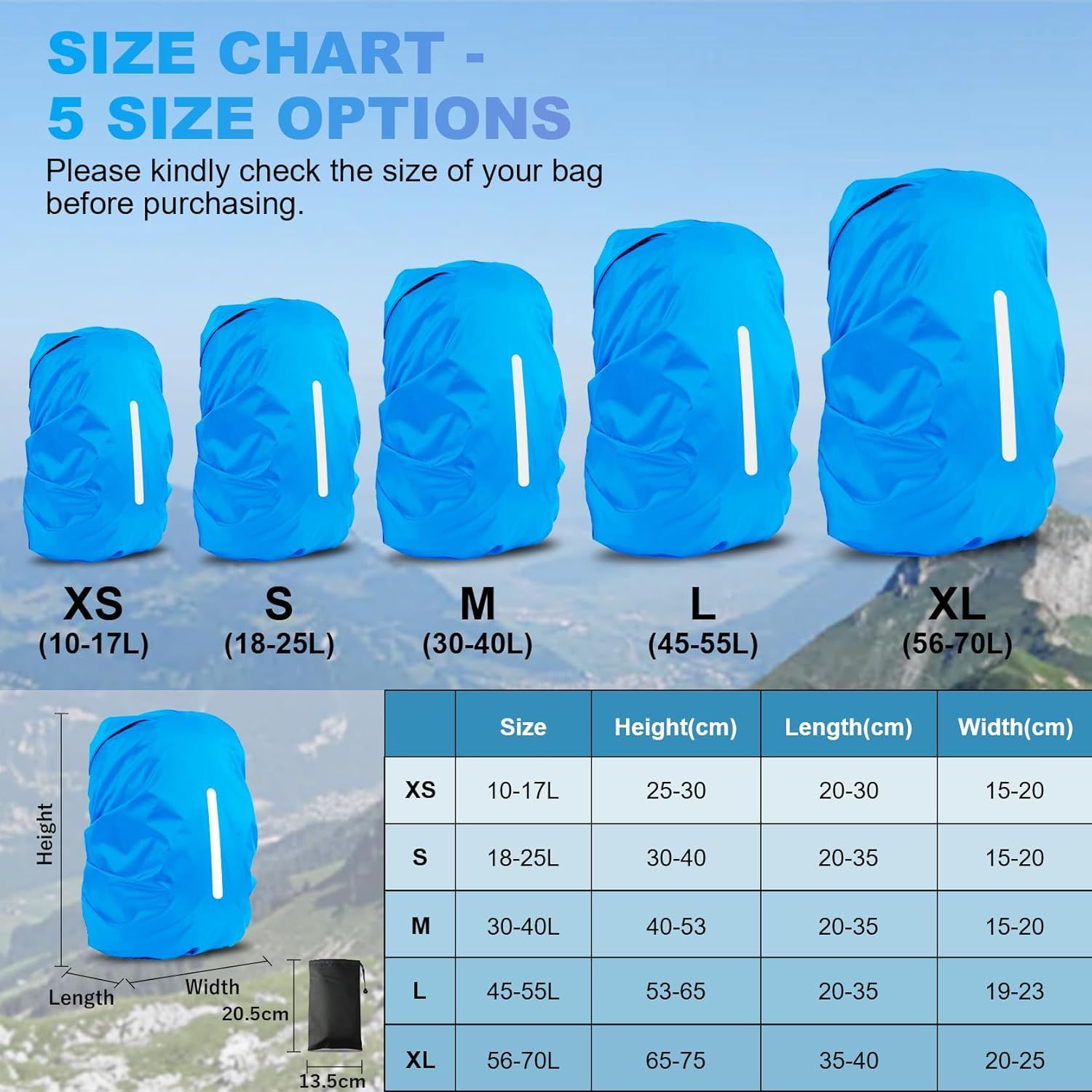 2pcs Waterproof Rain Cover for Backpack, Reflective Rainproof Protector for Anti-dust and Anti-Theft M 30L-40L Black - Image 7