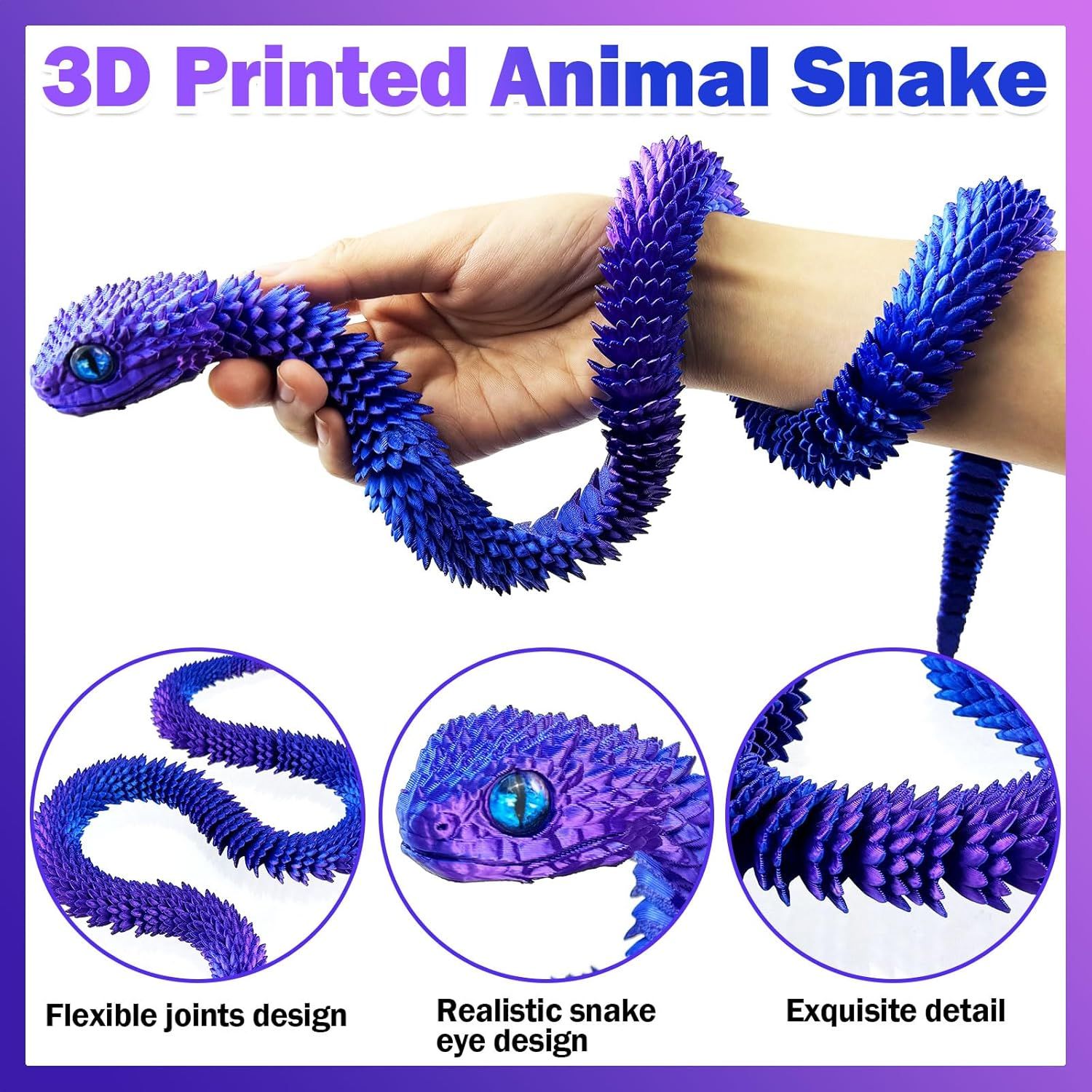 30 Inch 3D Printed Animals Snake, Surprise Mystery Fidget Anaconda Toy, Fake Python Statue with Realistic Eyes，3-D Print Articulated Viper Cobra Collectible for Home Office (LSZ) - Image 3