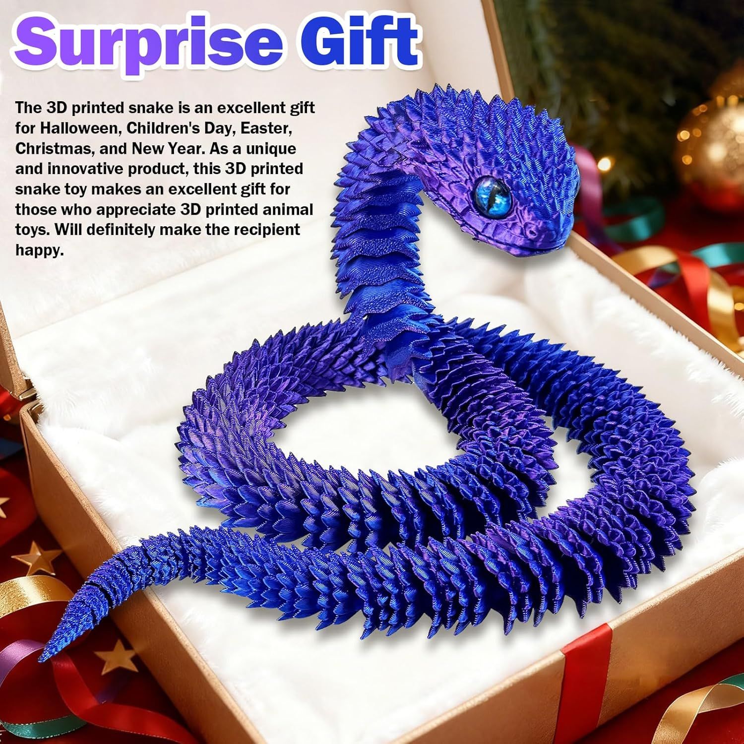 30 Inch 3D Printed Animals Snake, Surprise Mystery Fidget Anaconda Toy, Fake Python Statue with Realistic Eyes，3-D Print Articulated Viper Cobra Collectible for Home Office (LSZ) - Image 7