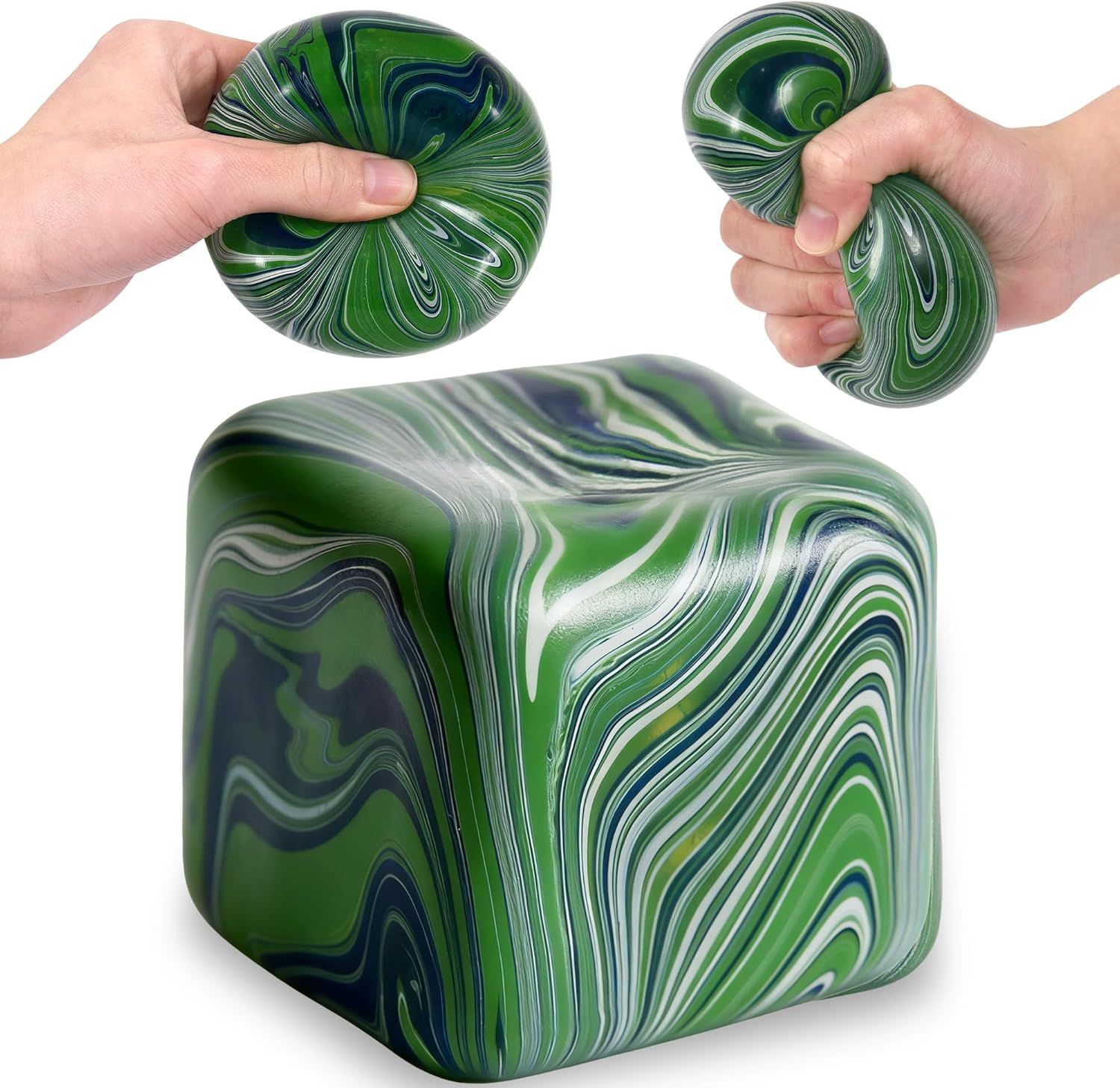 Large Veined Ice Cube Squishy Toy, 7cm (2.76 Inch) Big Stress Cube, Soft Sensory Fidget Toy for Anxiety Relief and Focus for Youth Adults, Squishy Ball (Green) - Image 1