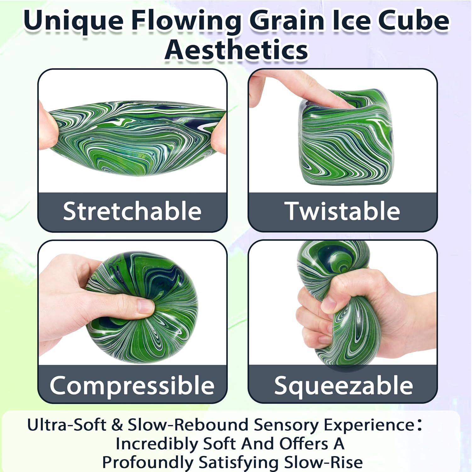 Large Veined Ice Cube Squishy Toy, 7cm (2.76 Inch) Big Stress Cube, Soft Sensory Fidget Toy for Anxiety Relief and Focus for Youth Adults, Squishy Ball (Green) - Image 3
