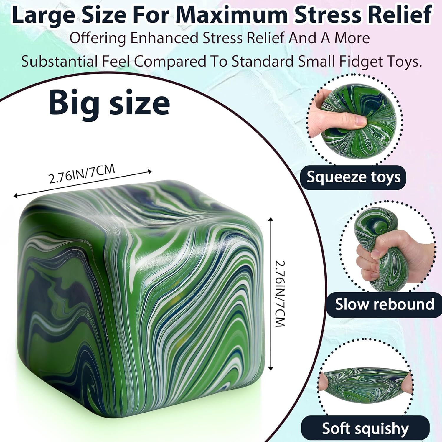 Large Veined Ice Cube Squishy Toy, 7cm (2.76 Inch) Big Stress Cube, Soft Sensory Fidget Toy for Anxiety Relief and Focus for Youth Adults, Squishy Ball (Green) - Image 5