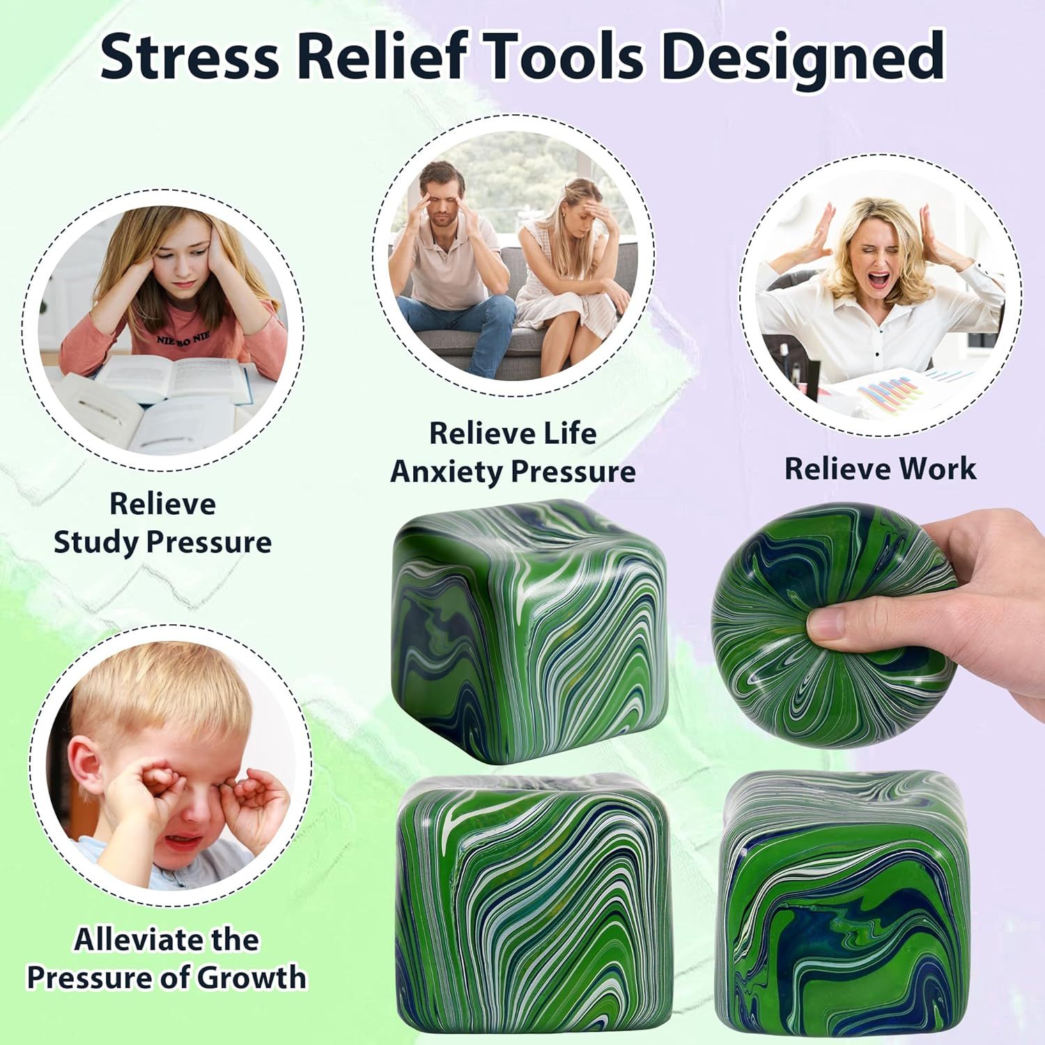 Large Veined Ice Cube Squishy Toy, 7cm (2.76 Inch) Big Stress Cube, Soft Sensory Fidget Toy for Anxiety Relief and Focus for Youth Adults, Squishy Ball (Green) - Image 6