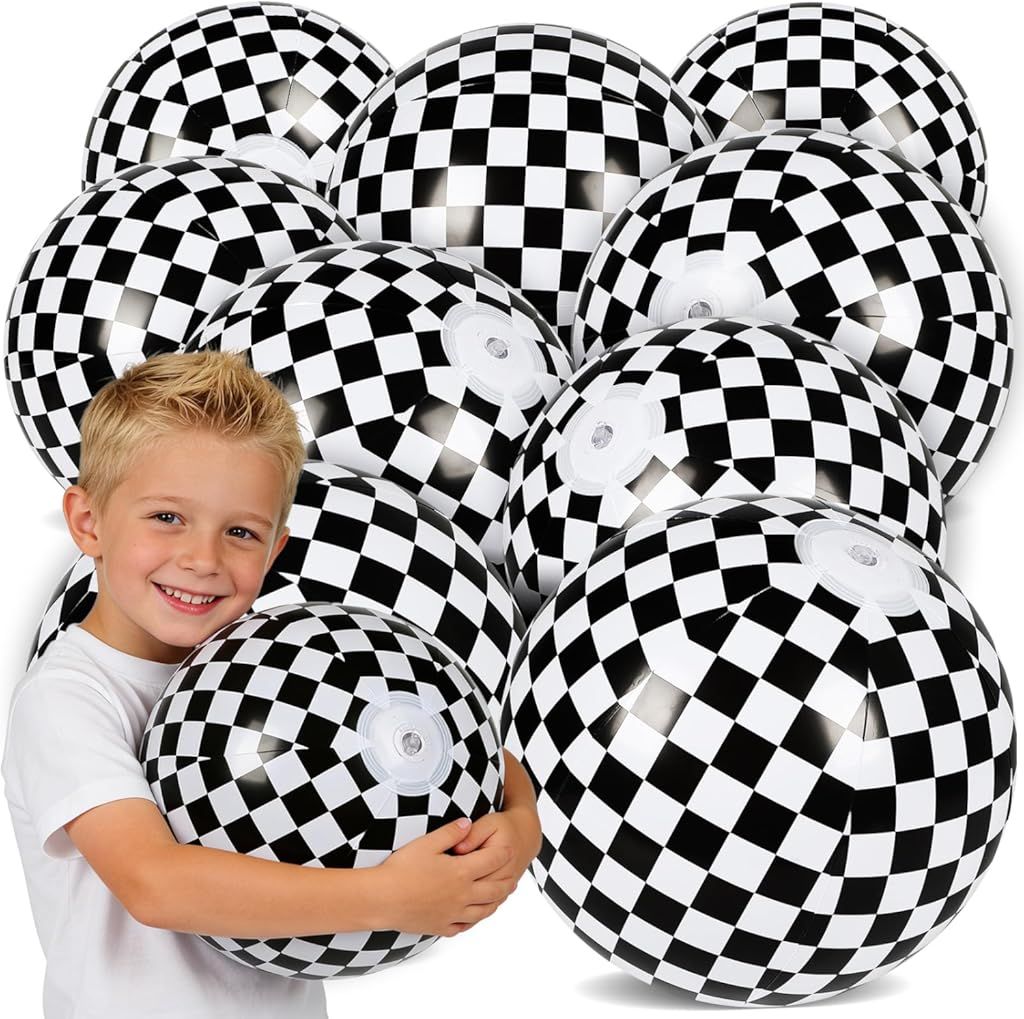 12 Pack 12 Inch Black and White Beach Balls, Checkered Flag Themed Inflatable Beach Ball Bulk Race Car Party Favors, Birthday Party Supplies for Summer Pool Party Decoration - Image 1