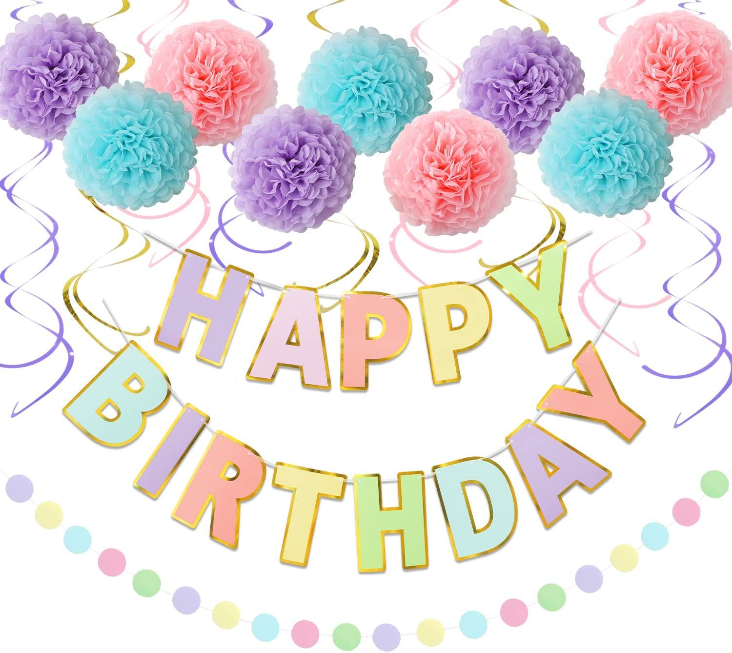Macaron Birthday Decorations - 20-Pc Set with Pre-Strung Happy Birthday Banner, Tissue Paper, Garland, Swirls | Pastel Party Supplies for Women Girls Baby Shower, Adults Birthday Party Decor - Image 2