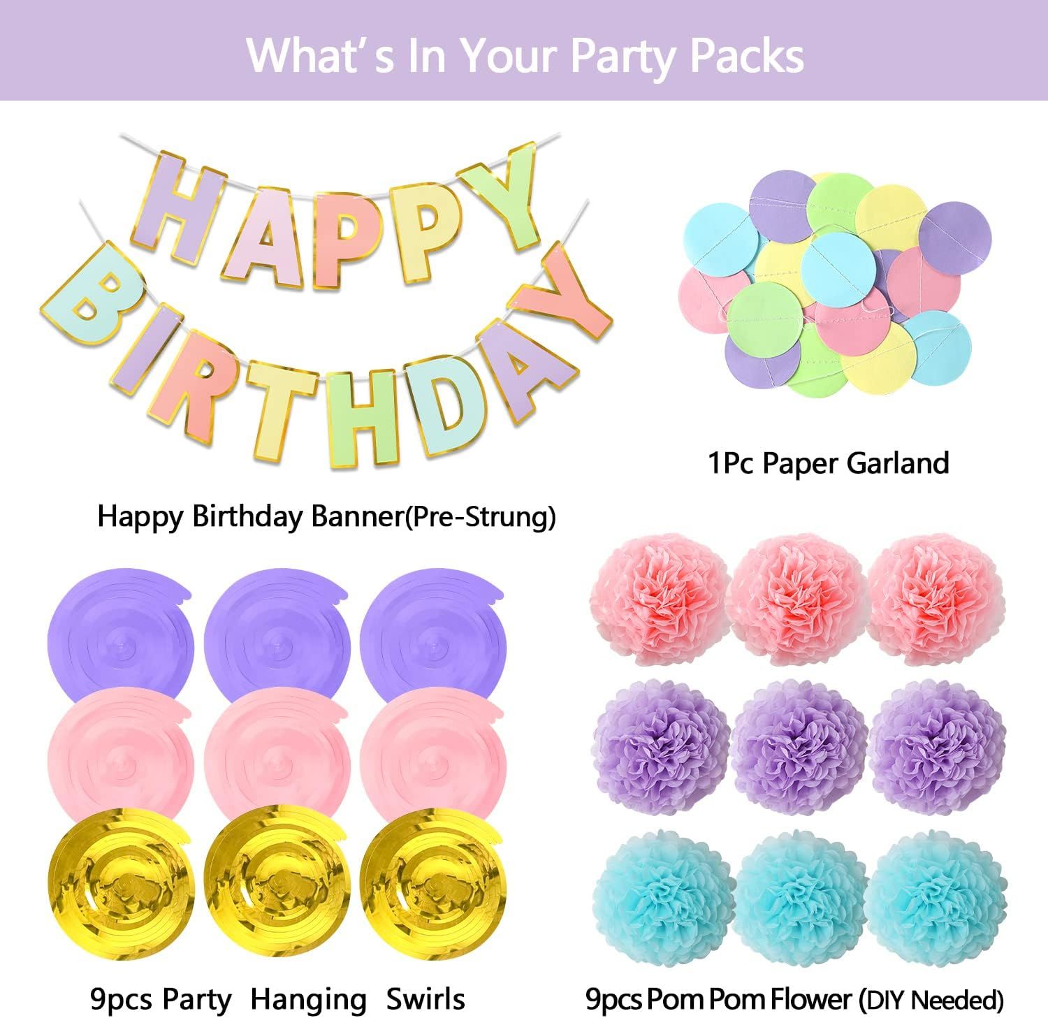 Macaron Birthday Decorations - 20-Pc Set with Pre-Strung Happy Birthday Banner, Tissue Paper, Garland, Swirls | Pastel Party Supplies for Women Girls Baby Shower, Adults Birthday Party Decor - Image 7