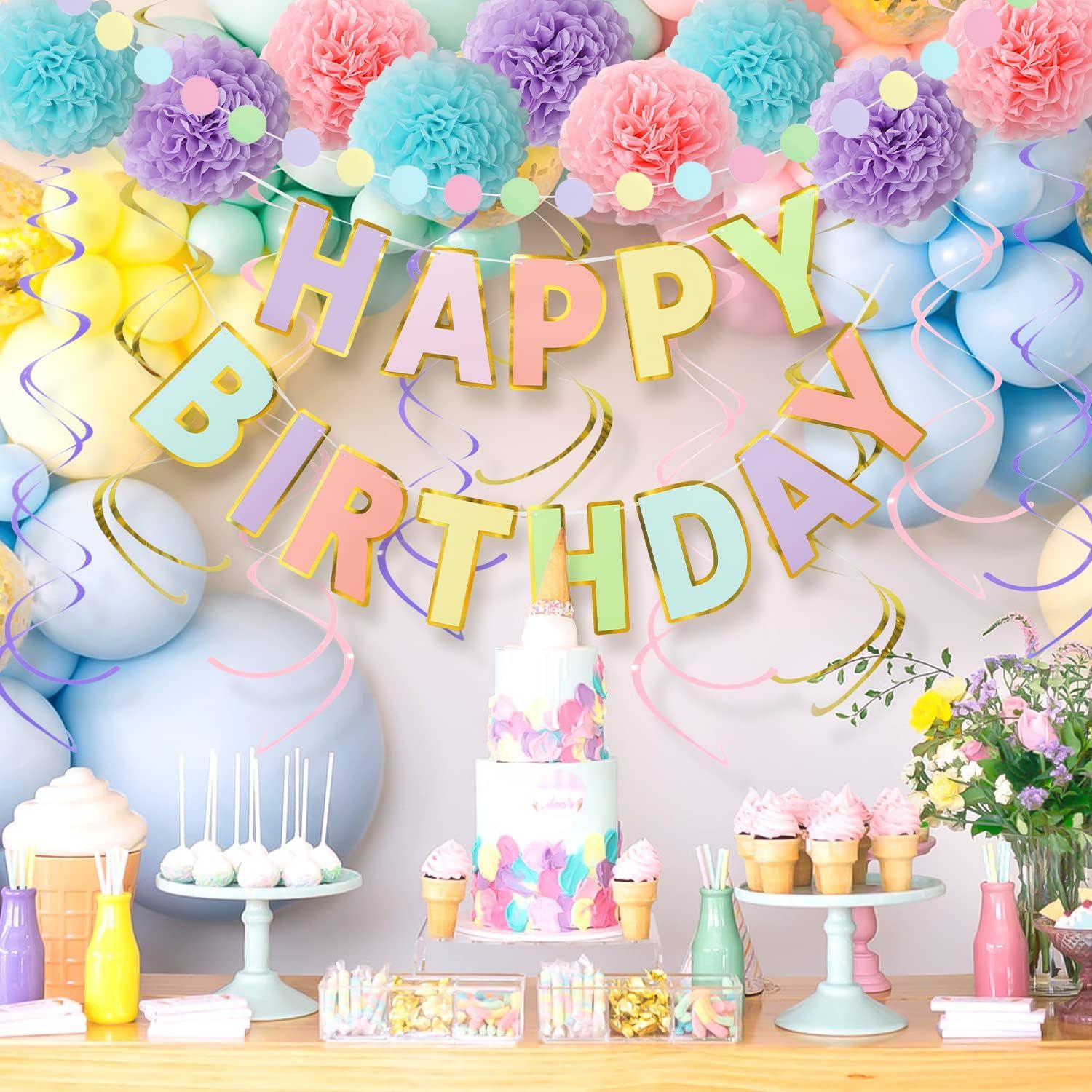 Macaron Birthday Decorations - 20-Pc Set with Pre-Strung Happy Birthday Banner, Tissue Paper, Garland, Swirls | Pastel Party Supplies for Women Girls Baby Shower, Adults Birthday Party Decor - Image 8