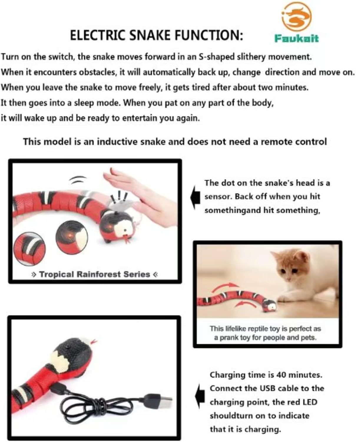 Cat Toys Snake Interactive,Kitten Toys,Realistic Smart Sensing Snake Toy,USB Rechargeable,Automatically Sense Obstacles and Escape,Electric Tricky Snake Cat Toys for Indoor Cats Dogs(Pink snake) - Image 4