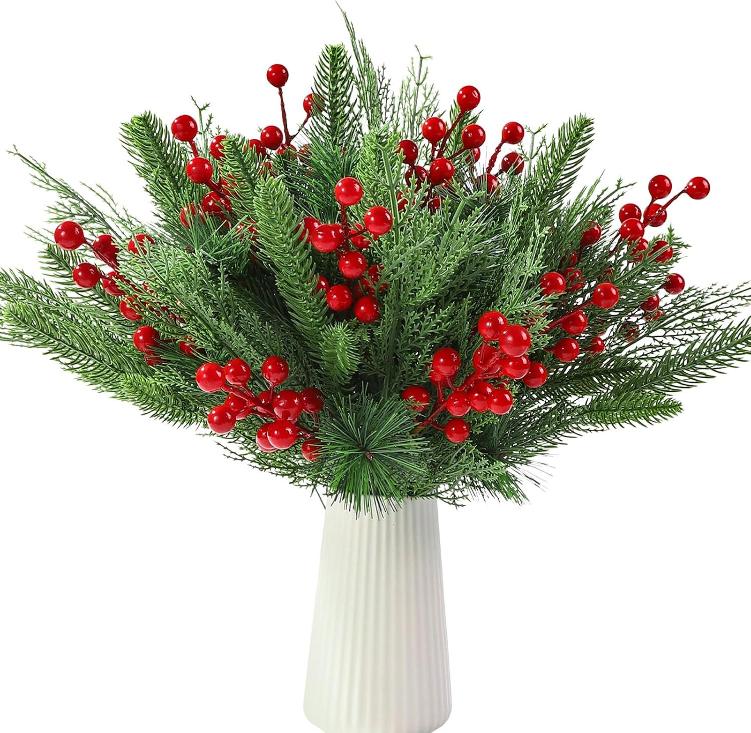 60 PCS Artificial Pine Branches Christmas Faux Pine Greenery Stems Red Holly Berries Fake Cedar Pine Needles Picks for Christmas Tree Wreath Garland  Holiday Home Decoration - Image 2