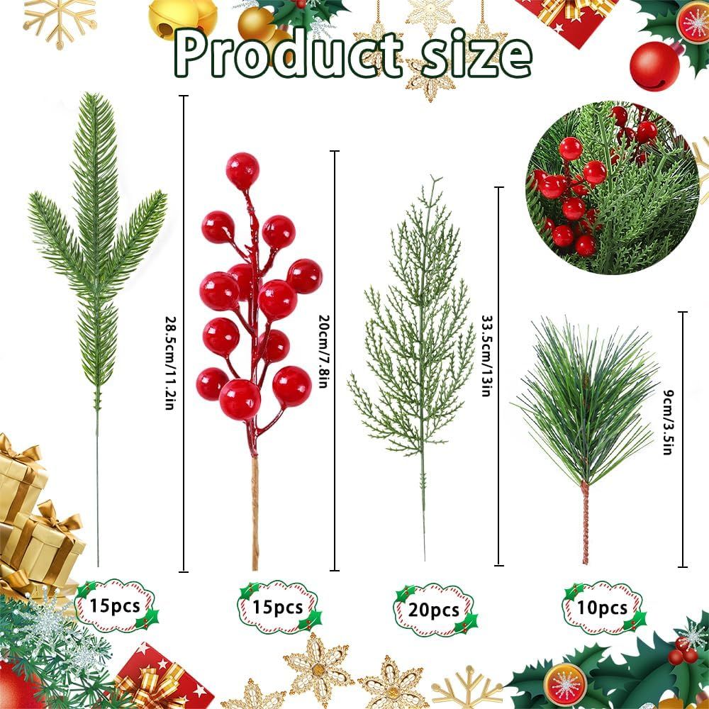 60 PCS Artificial Pine Branches Christmas Faux Pine Greenery Stems Red Holly Berries Fake Cedar Pine Needles Picks for Christmas Tree Wreath Garland  Holiday Home Decoration - Image 3