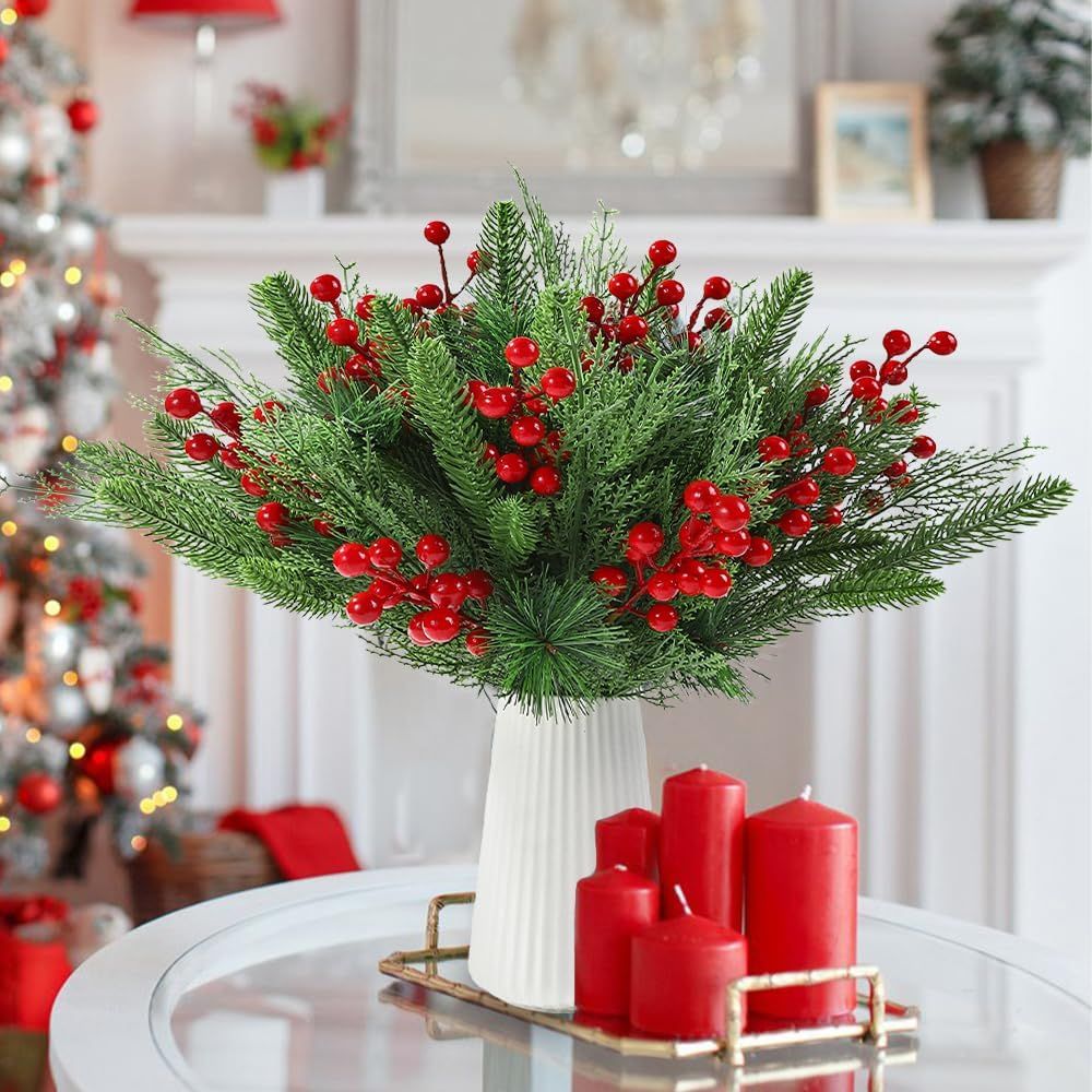 60 PCS Artificial Pine Branches Christmas Faux Pine Greenery Stems Red Holly Berries Fake Cedar Pine Needles Picks for Christmas Tree Wreath Garland  Holiday Home Decoration - Image 4