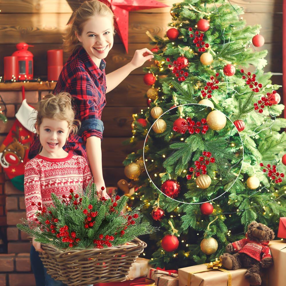 60 PCS Artificial Pine Branches Christmas Faux Pine Greenery Stems Red Holly Berries Fake Cedar Pine Needles Picks for Christmas Tree Wreath Garland  Holiday Home Decoration - Image 5