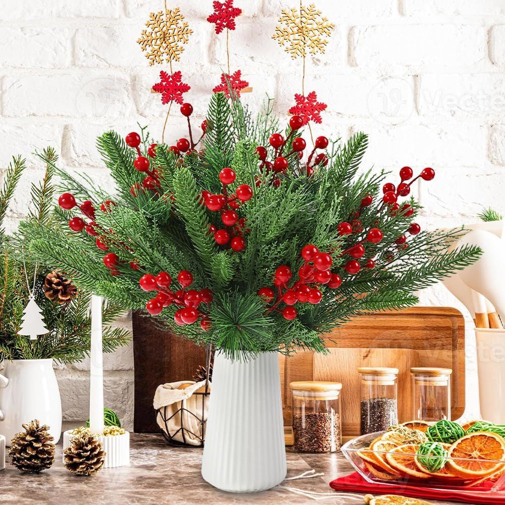 60 PCS Artificial Pine Branches Christmas Faux Pine Greenery Stems Red Holly Berries Fake Cedar Pine Needles Picks for Christmas Tree Wreath Garland  Holiday Home Decoration - Image 6
