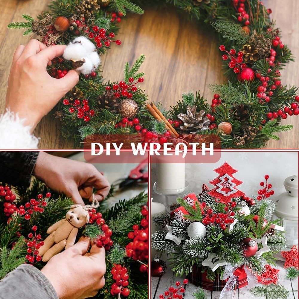 60 PCS Artificial Pine Branches Christmas Faux Pine Greenery Stems Red Holly Berries Fake Cedar Pine Needles Picks for Christmas Tree Wreath Garland  Holiday Home Decoration - Image 7