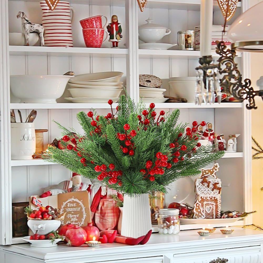 60 PCS Artificial Pine Branches Christmas Faux Pine Greenery Stems Red Holly Berries Fake Cedar Pine Needles Picks for Christmas Tree Wreath Garland  Holiday Home Decoration - Image 8
