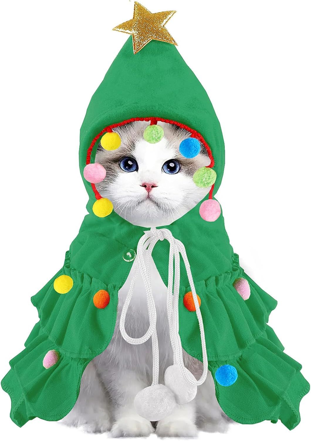 Cat Christmas Outfit Green Pet Cloak with Hat with Star and Pompoms Puppy Cape Clothes Xmas Tree Elf Costumes Party Pet Supplies Accessories for Small Dogs Cats Pet Santa Presents - Image 2
