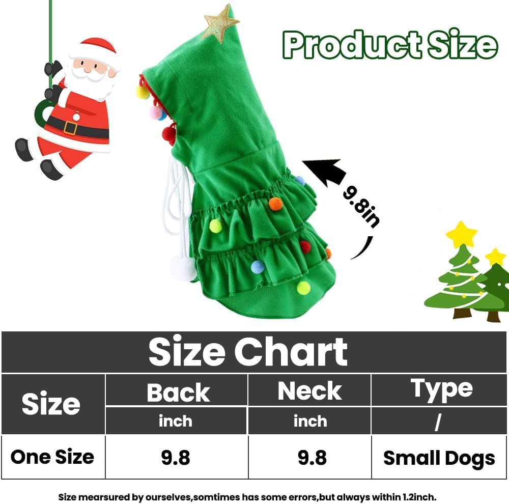 Cat Christmas Outfit Green Pet Cloak with Hat with Star and Pompoms Puppy Cape Clothes Xmas Tree Elf Costumes Party Pet Supplies Accessories for Small Dogs Cats Pet Santa Presents - Image 3