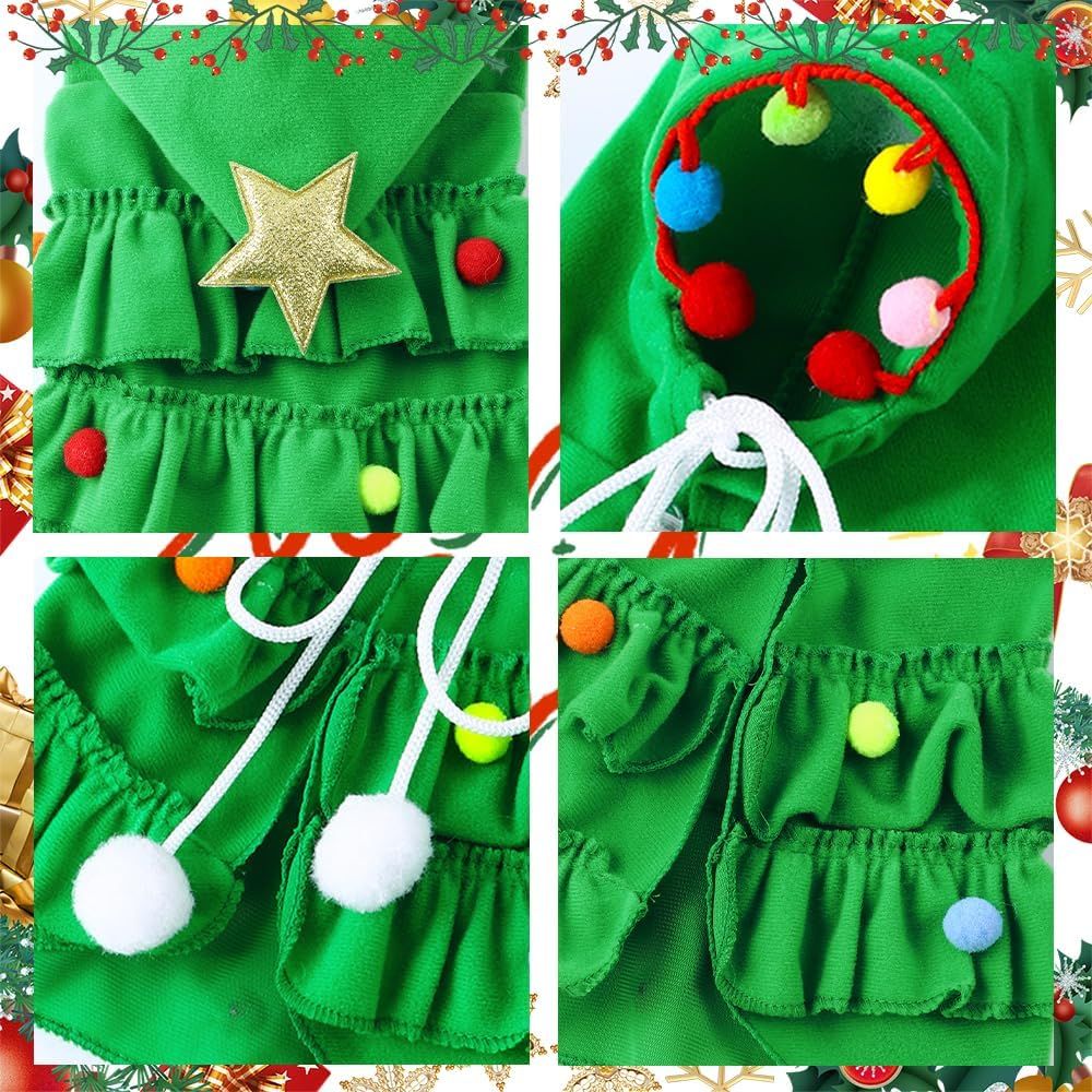 Cat Christmas Outfit Green Pet Cloak with Hat with Star and Pompoms Puppy Cape Clothes Xmas Tree Elf Costumes Party Pet Supplies Accessories for Small Dogs Cats Pet Santa Presents - Image 4