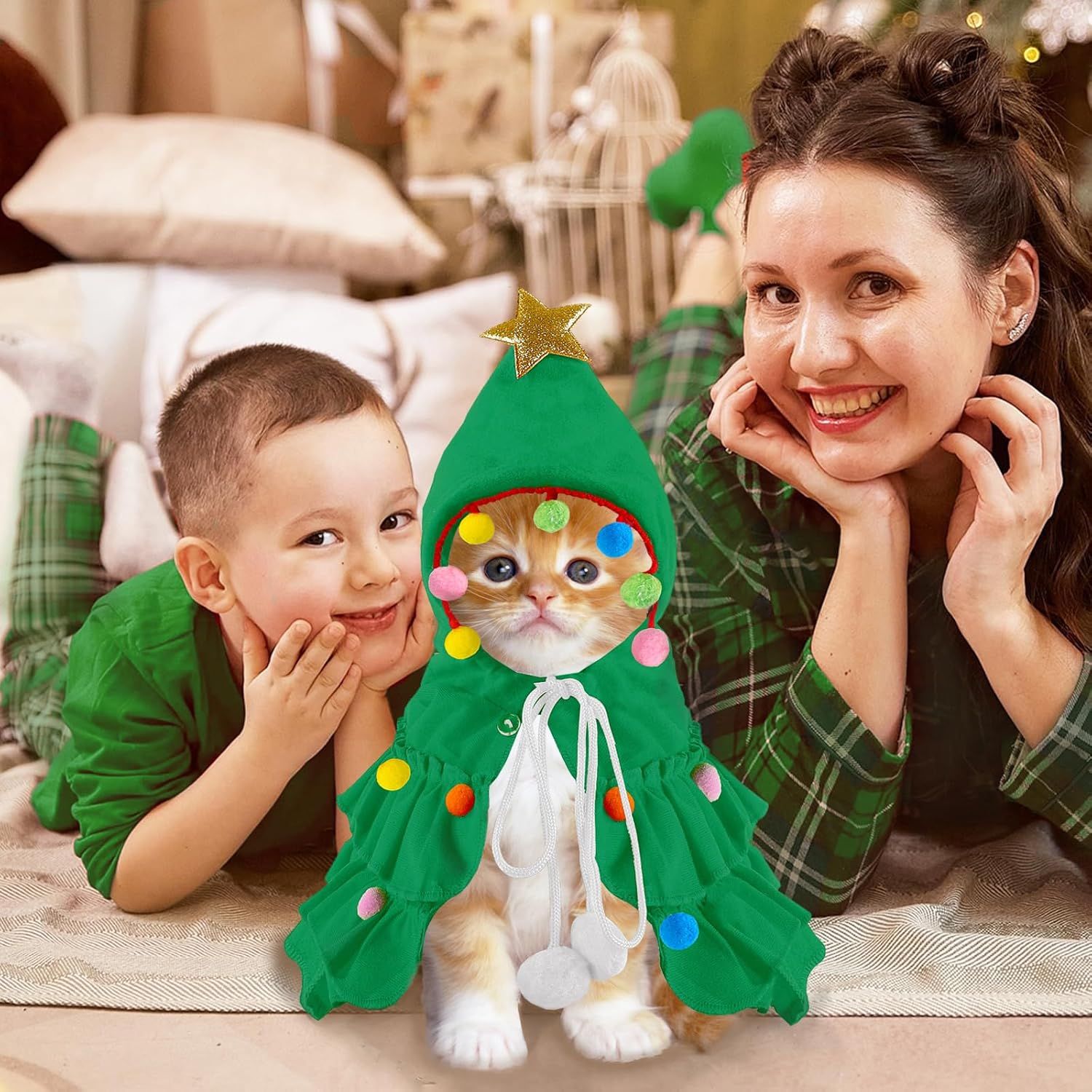 Cat Christmas Outfit Green Pet Cloak with Hat with Star and Pompoms Puppy Cape Clothes Xmas Tree Elf Costumes Party Pet Supplies Accessories for Small Dogs Cats Pet Santa Presents - Image 7