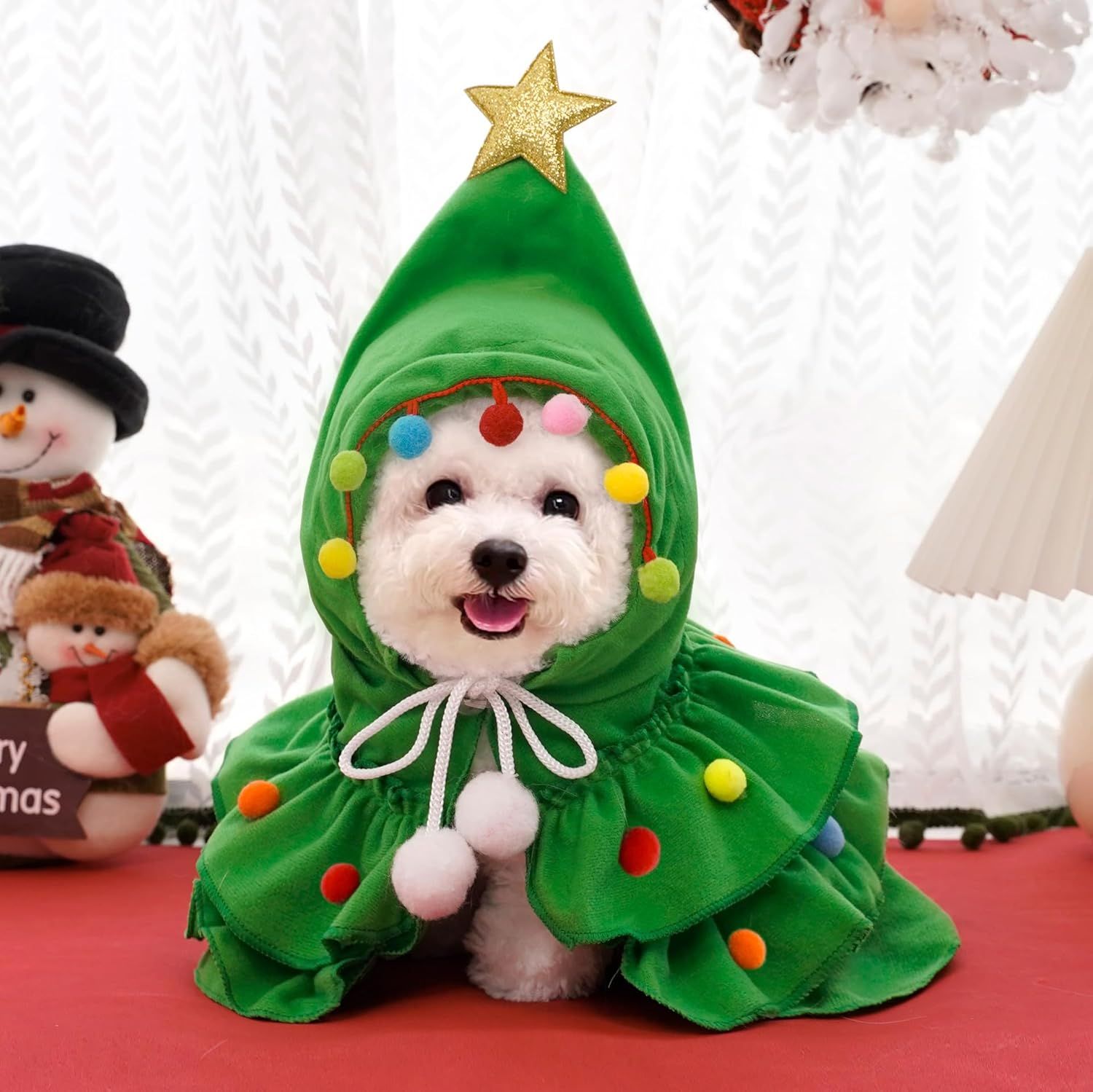 Cat Christmas Outfit Green Pet Cloak with Hat with Star and Pompoms Puppy Cape Clothes Xmas Tree Elf Costumes Party Pet Supplies Accessories for Small Dogs Cats Pet Santa Presents - Image 8
