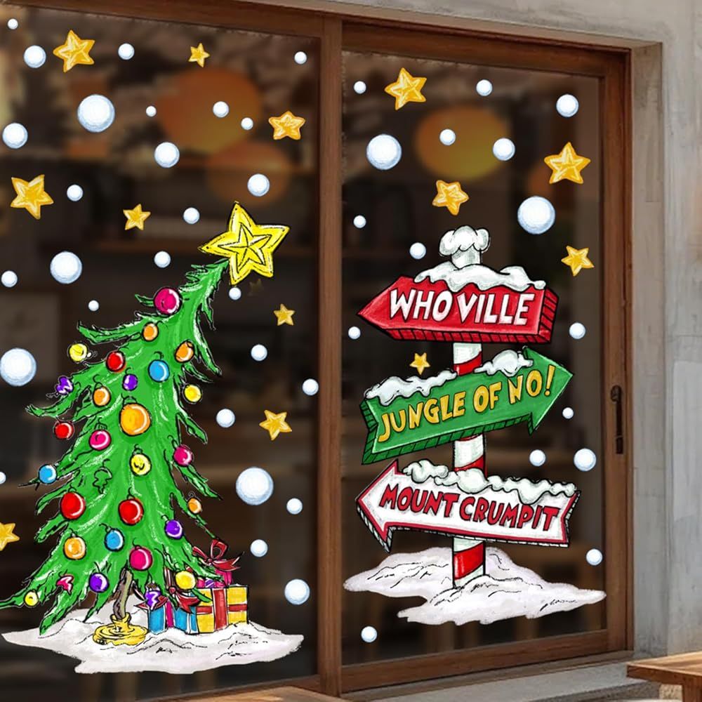 Christmas Window Clings Decorations,Extra Large Reusable Decals Rustic Curved Christmas Tree Arrow Yard Sign Stickers for Xmas Winter Holiday Home Office Party Glass Decor - Image 1