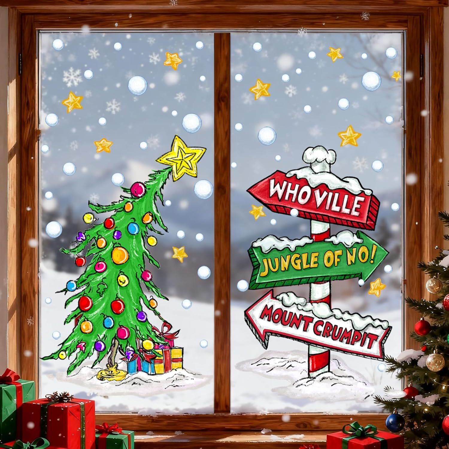 Christmas Window Clings Decorations,Extra Large Reusable Decals Rustic Curved Christmas Tree Arrow Yard Sign Stickers for Xmas Winter Holiday Home Office Party Glass Decor - Image 6