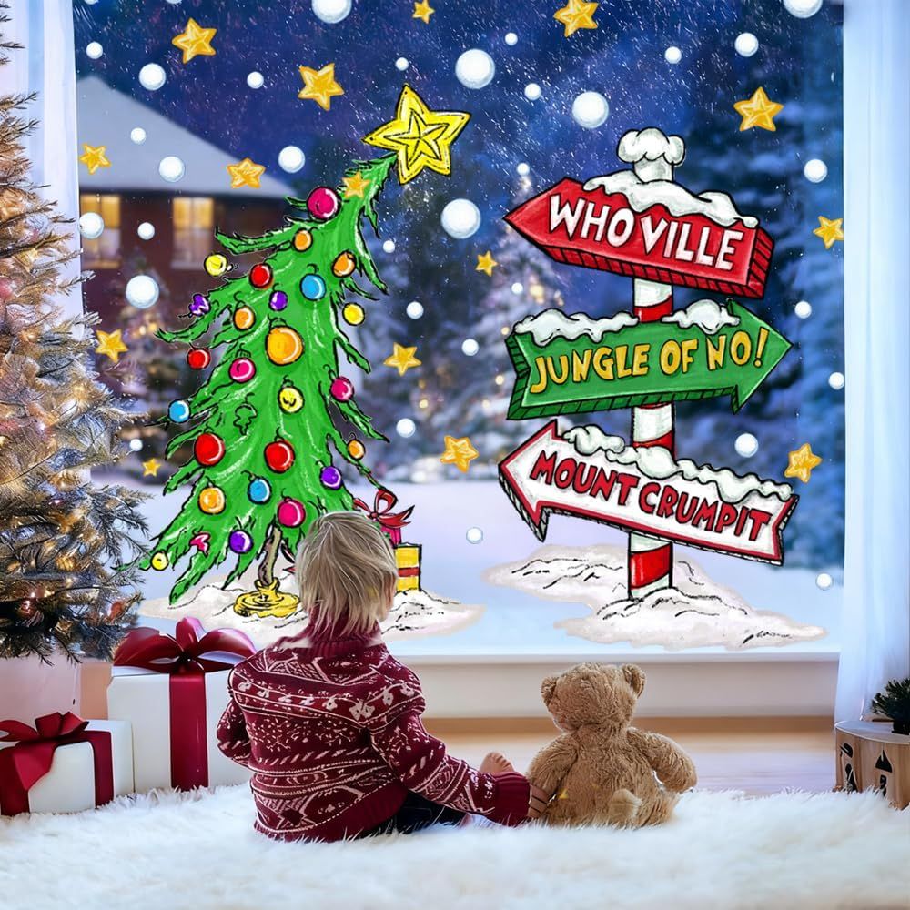 Christmas Window Clings Decorations,Extra Large Reusable Decals Rustic Curved Christmas Tree Arrow Yard Sign Stickers for Xmas Winter Holiday Home Office Party Glass Decor - Image 7