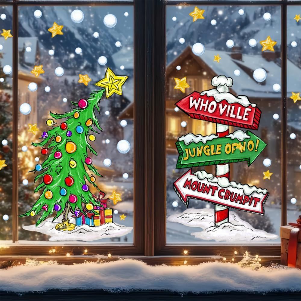 Christmas Window Clings Decorations,Extra Large Reusable Decals Rustic Curved Christmas Tree Arrow Yard Sign Stickers for Xmas Winter Holiday Home Office Party Glass Decor - Image 8