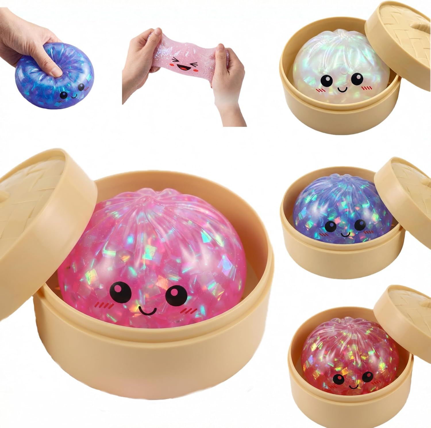 Glitter Dumpling Squishy Toy Dumpling Stress Ball with Steamer Case, Stress Relief Fidget Toy for Adults, Cute Squeeze Desk Toy Portable Toy Gift Idea (Shimmer Pink) - Image 2