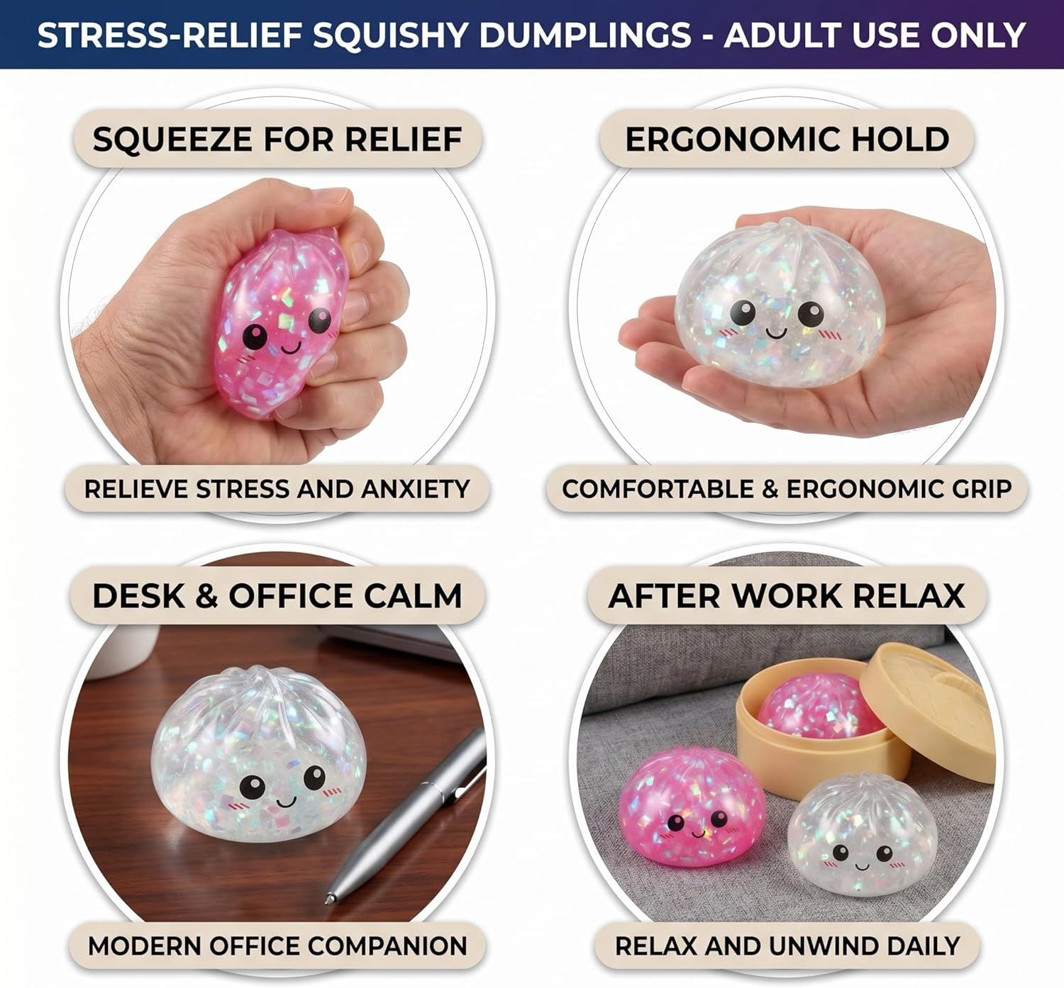 Glitter Dumpling Squishy Toy Dumpling Stress Ball with Steamer Case, Stress Relief Fidget Toy for Adults, Cute Squeeze Desk Toy Portable Toy Gift Idea (Shimmer Pink) - Image 4