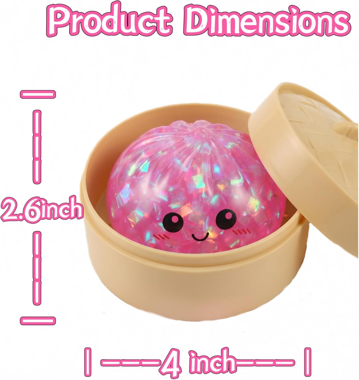 Glitter Dumpling Squishy Toy Dumpling Stress Ball with Steamer Case, Stress Relief Fidget Toy for Adults, Cute Squeeze Desk Toy Portable Toy Gift Idea (Shimmer Pink) - Image 5